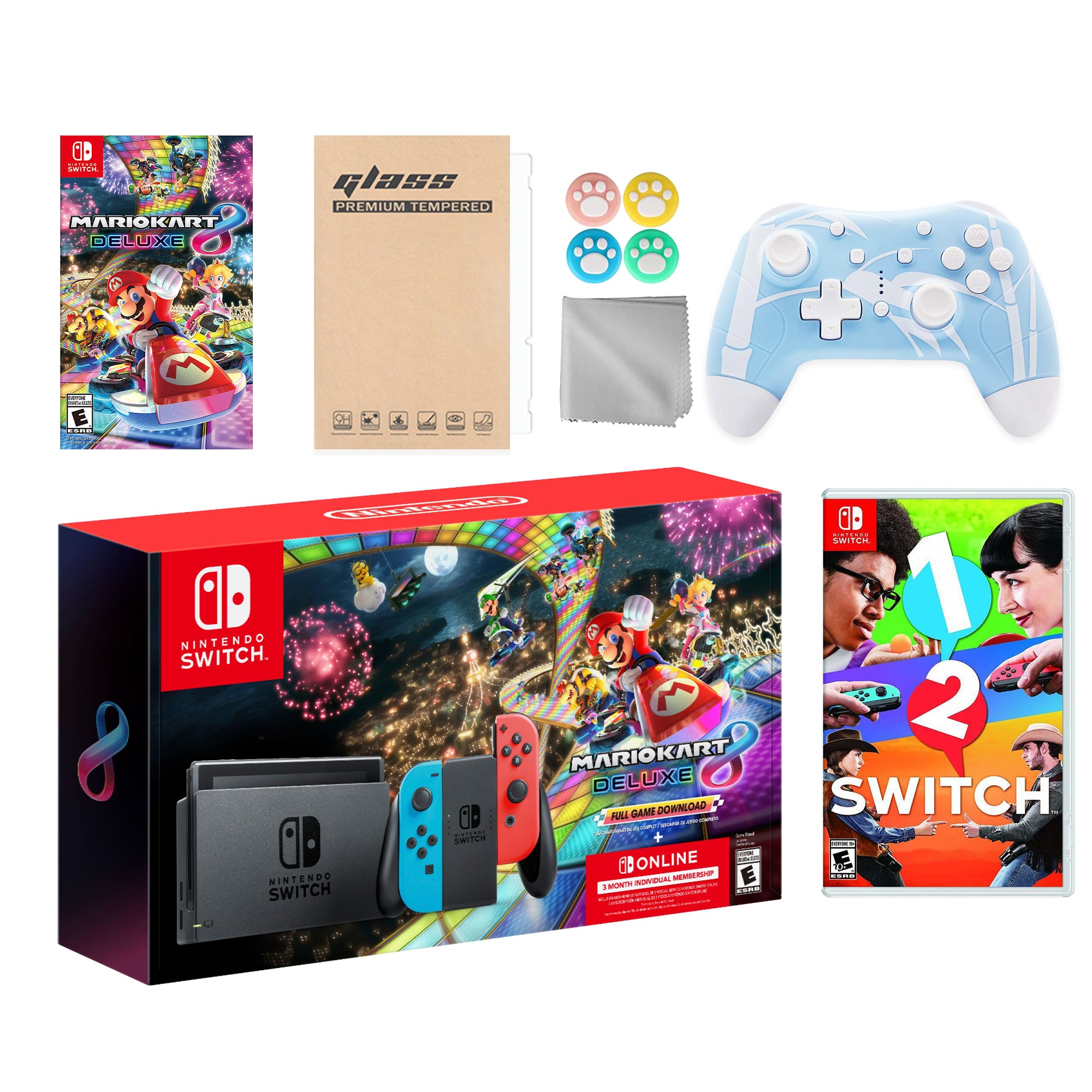 Nintendo Switch Mario Kart 8 Deluxe Bundle: Red Blue Console, Mario Kart 8 & Membership, 1-2 Switch, Mytrix Wireless Pro Controller Blue Bamboo and Accessories