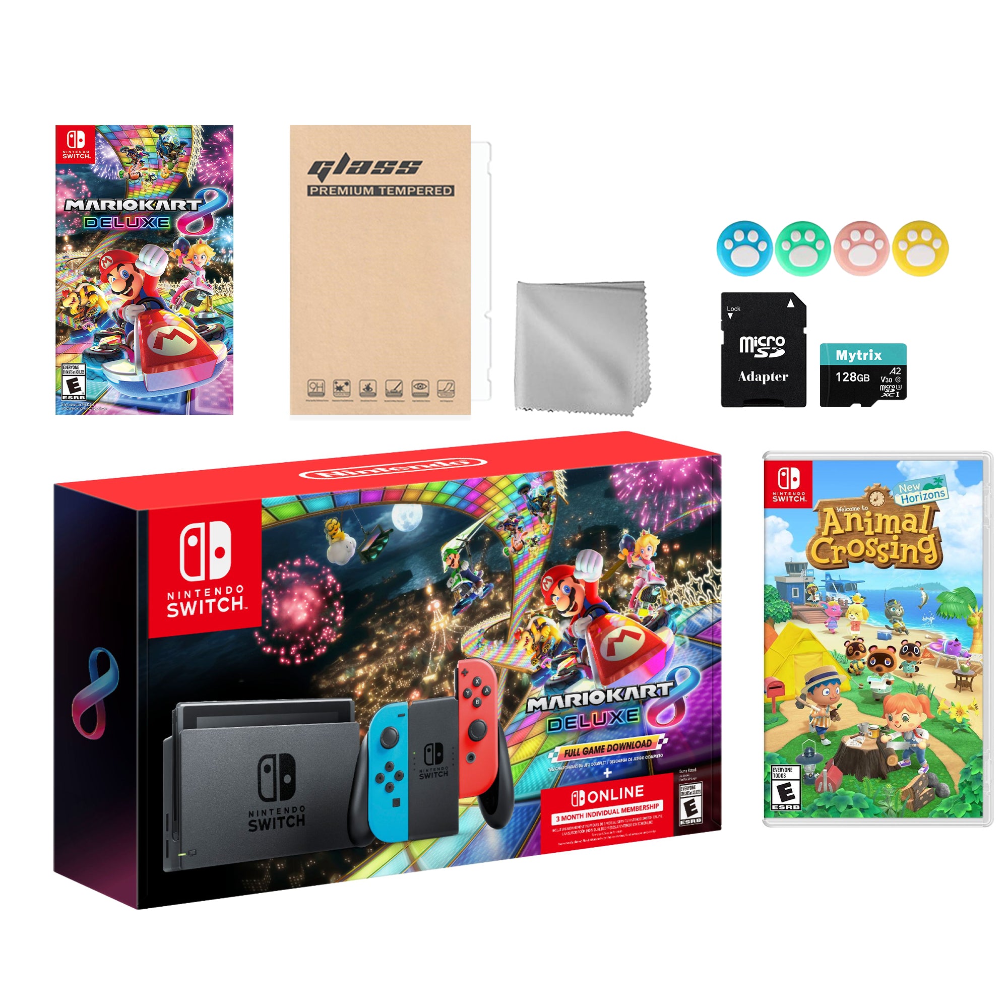 Nintendo Switch Mario Kart 8 Deluxe Bundle: Red Blue Console, Mario Kart 8 & Membership, Animal Crossing: New Horizons, Mytrix 128GB MicroSD Card and Accessories