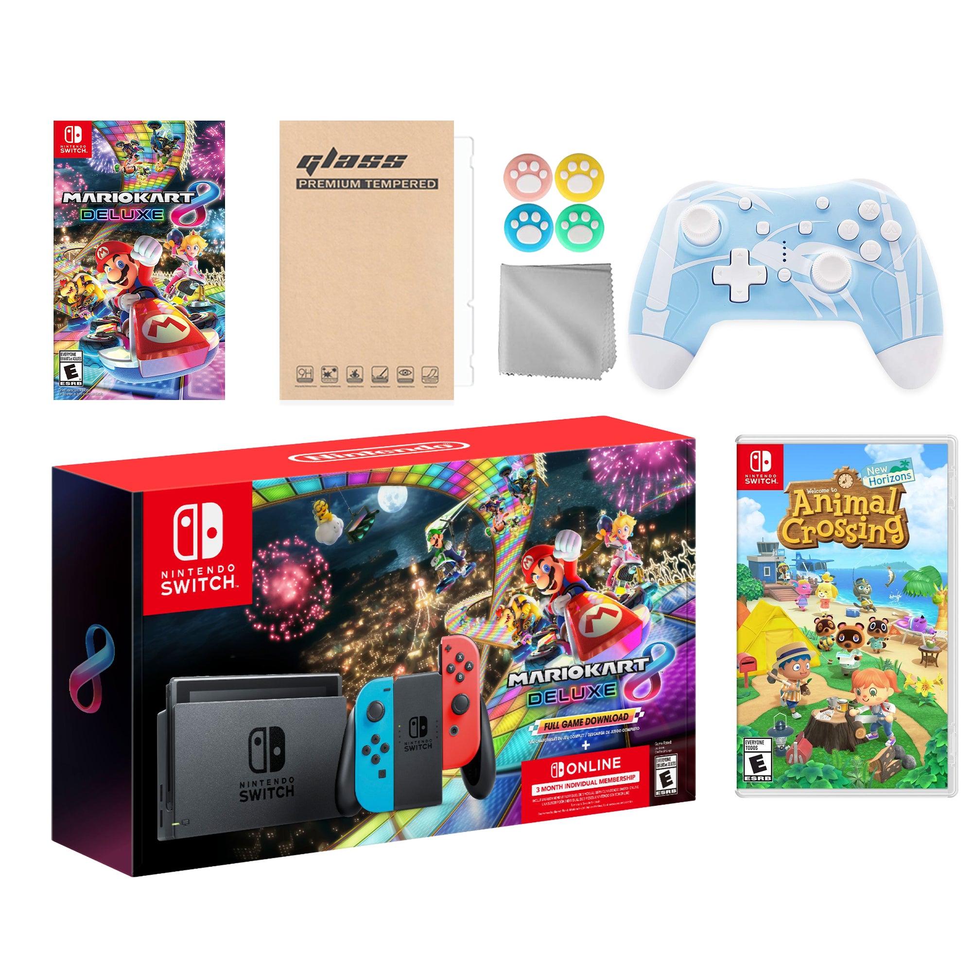 Nintendo Switch Mario Kart 8 Deluxe Bundle: Red Blue Console, Mario Kart 8 & Membership, Animal Crossing: New Horizons, Mytrix Wireless Pro Controller Blue Bamboo and Accessories