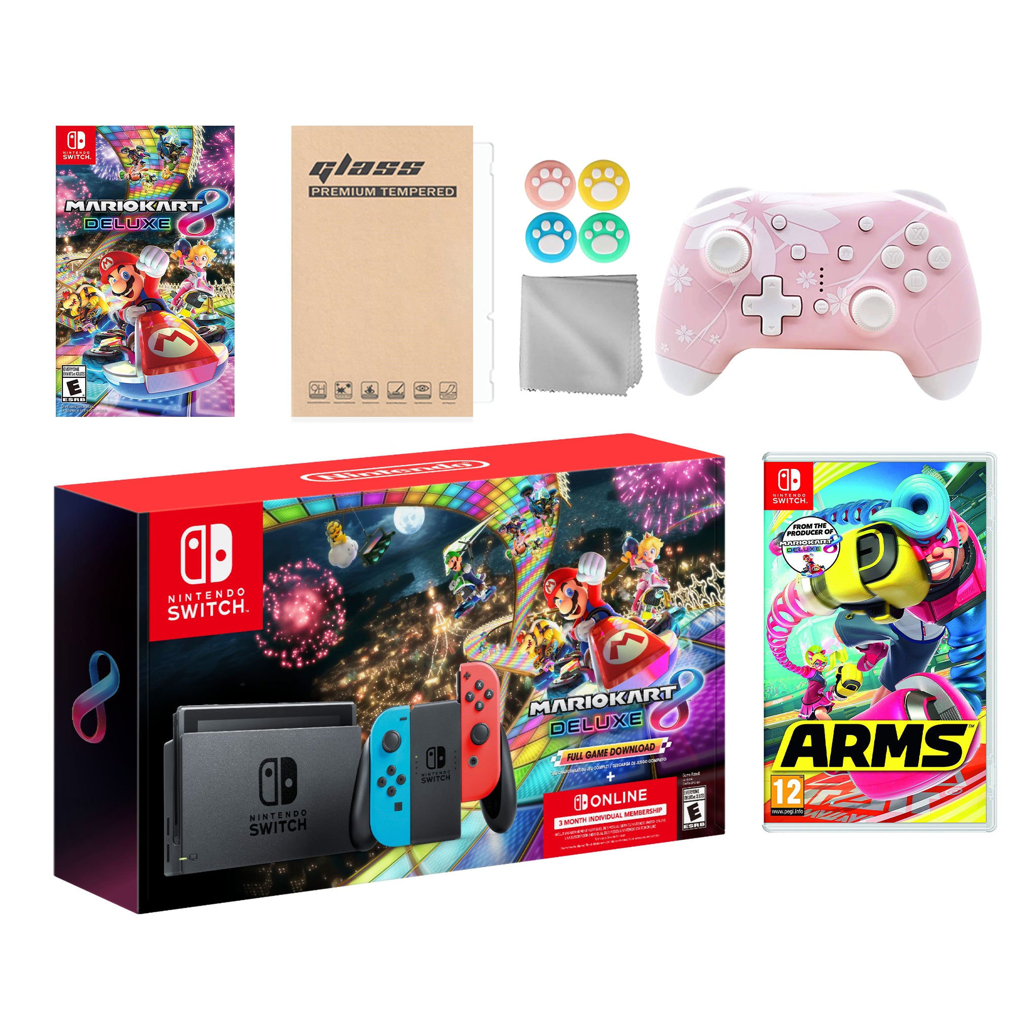 Nintendo Switch Mario Kart 8 Deluxe Bundle: Red Blue Console, Mario Kart 8 & Membership, Arms, Mytrix Wireless Pro Controller Pink Cherry Blossom and Accessories