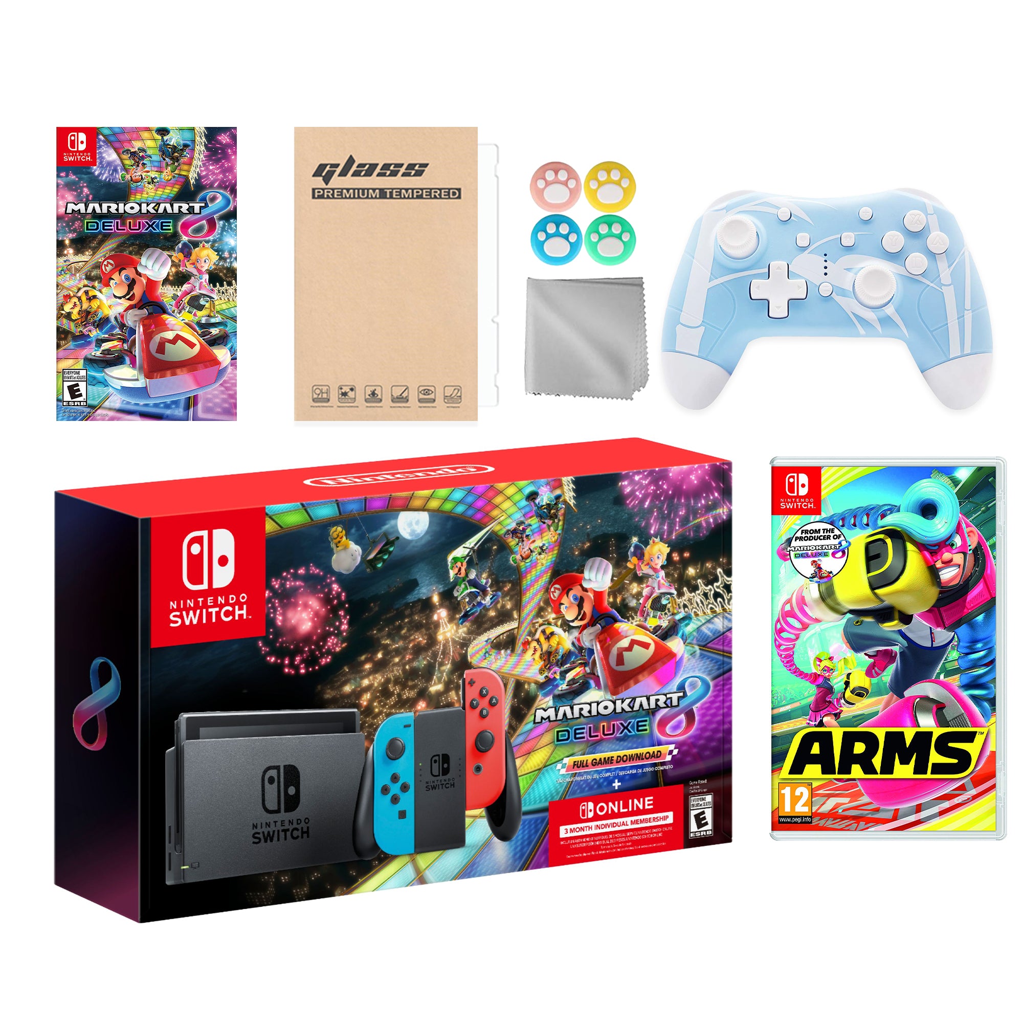 Nintendo Switch Mario Kart 8 Deluxe Bundle: Red Blue Console, Mario Kart 8 & Membership, Arms, Mytrix Wireless Pro Controller Blue Bamboo and Accessories