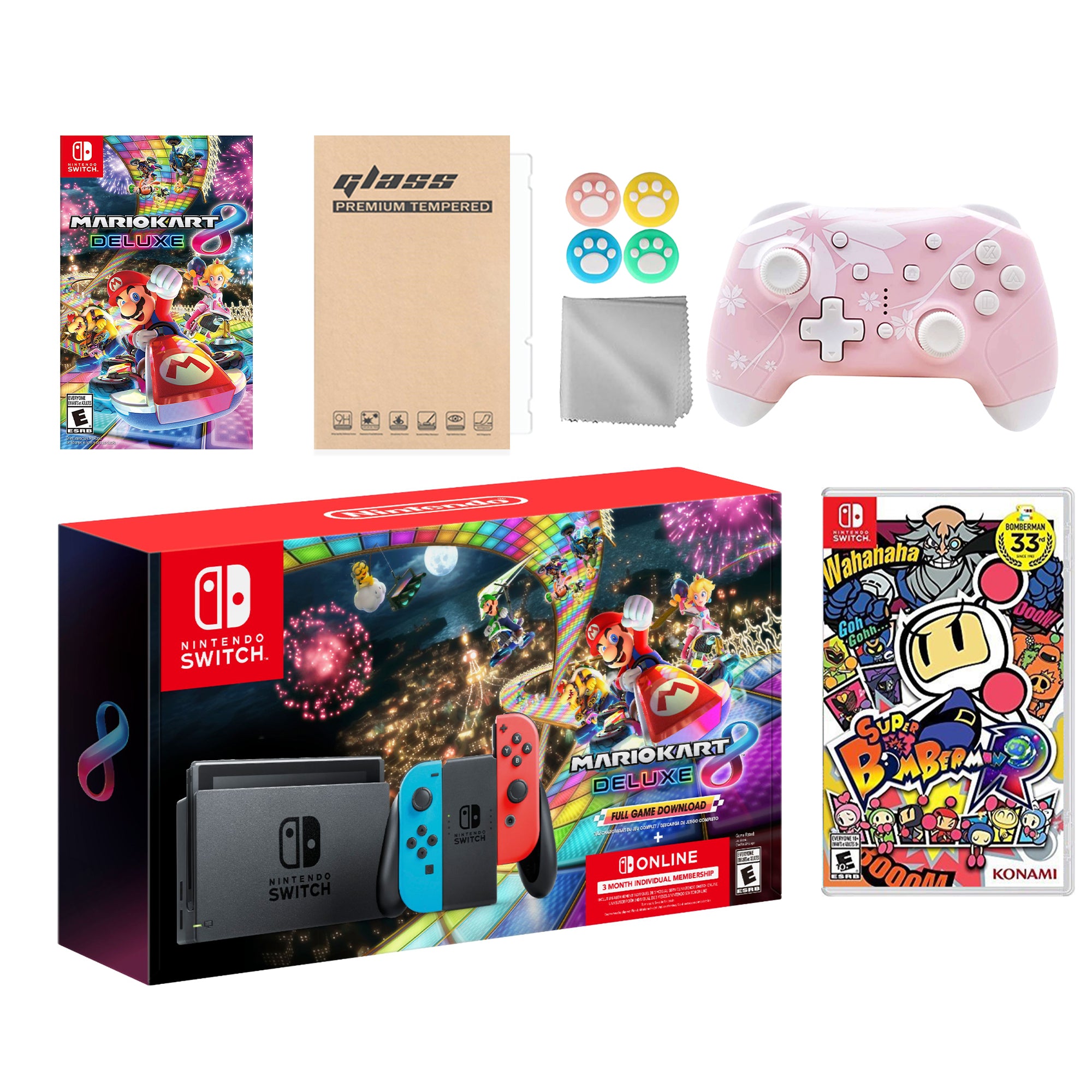 Nintendo Switch Mario Kart 8 Deluxe Bundle: Red Blue Console, Mario Kart 8 & Membership, Super Bomberman R, Mytrix Wireless Pro Controller Pink Cherry Blossom and Accessories
