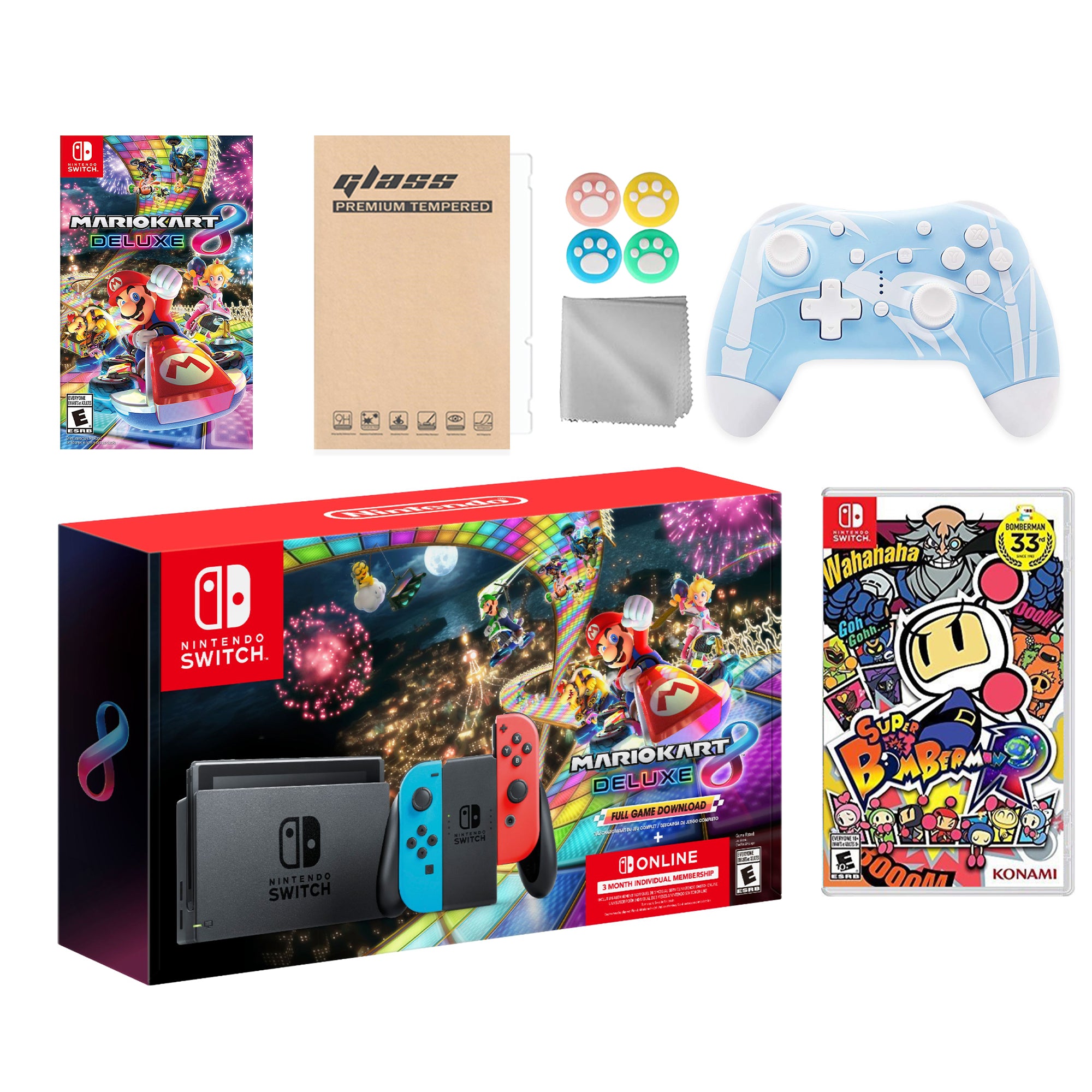 Nintendo Switch Mario Kart 8 Deluxe Bundle: Red Blue Console, Mario Kart 8 & Membership, Super Bomberman R, Mytrix Wireless Pro Controller Blue Bamboo and Accessories