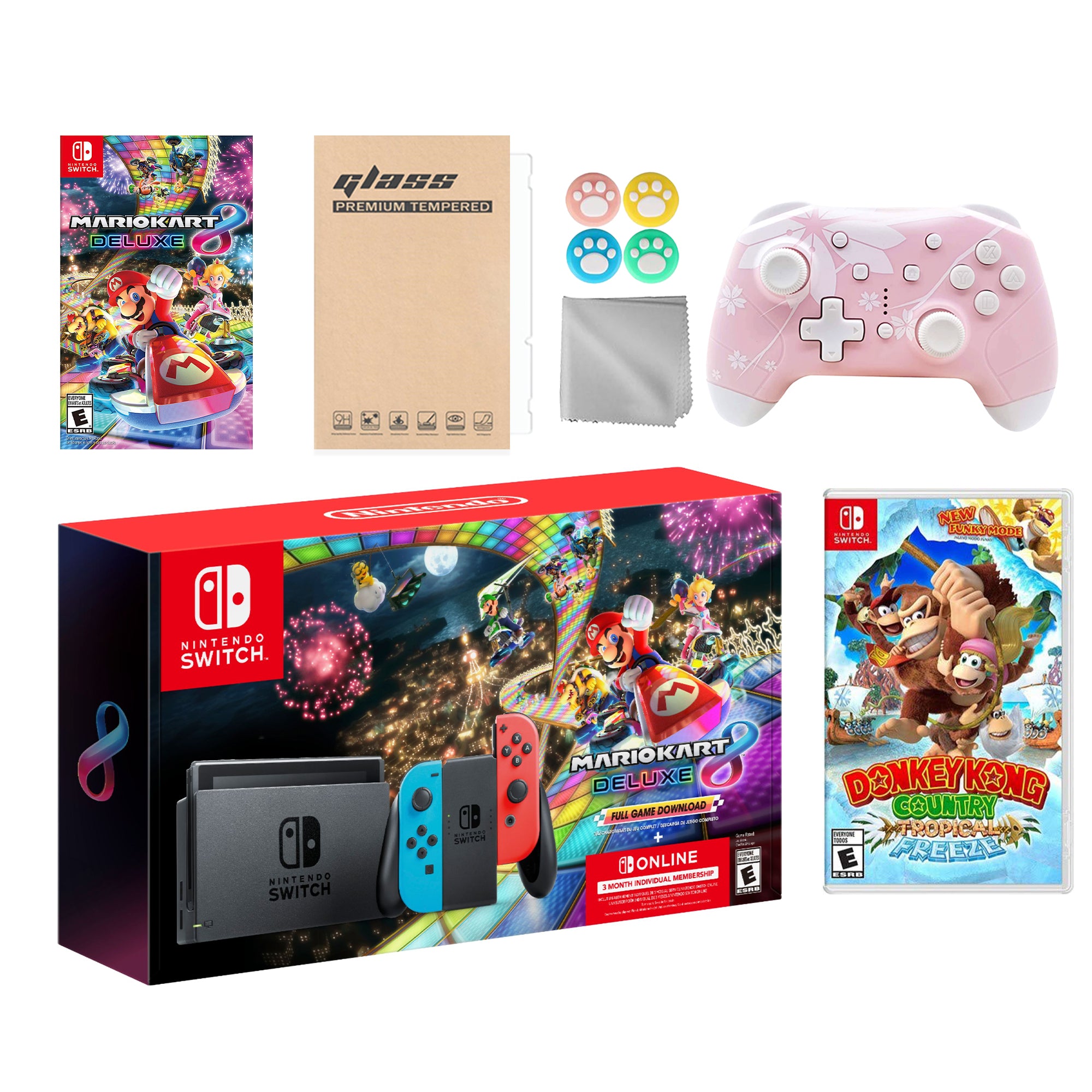 Nintendo Switch Mario Kart 8 Deluxe Bundle: Red Blue Console, Mario Kart 8 & Membership, Donkey Kong Country, Mytrix Wireless Pro Controller Pink Cherry Blossom and Accessories