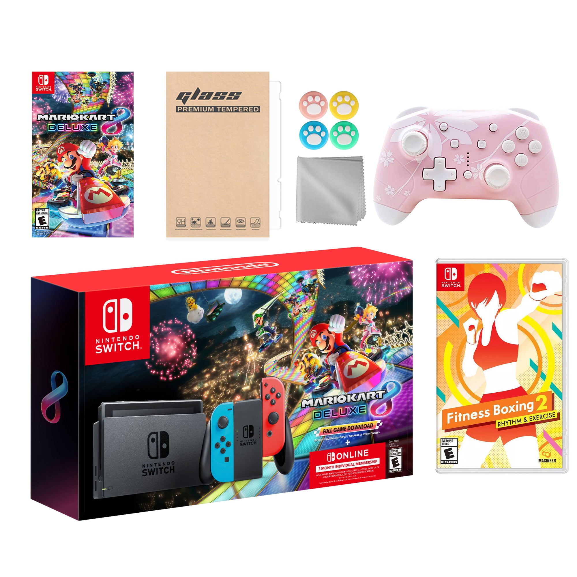 Nintendo Switch Mario Kart 8 Deluxe Bundle: Red Blue Console, Mario Kart 8 & Membership, Fitness Boxing 2: Rhythm & Exercise, Mytrix Wireless Pro Controller Pink Cherry Blossom and Accessories
