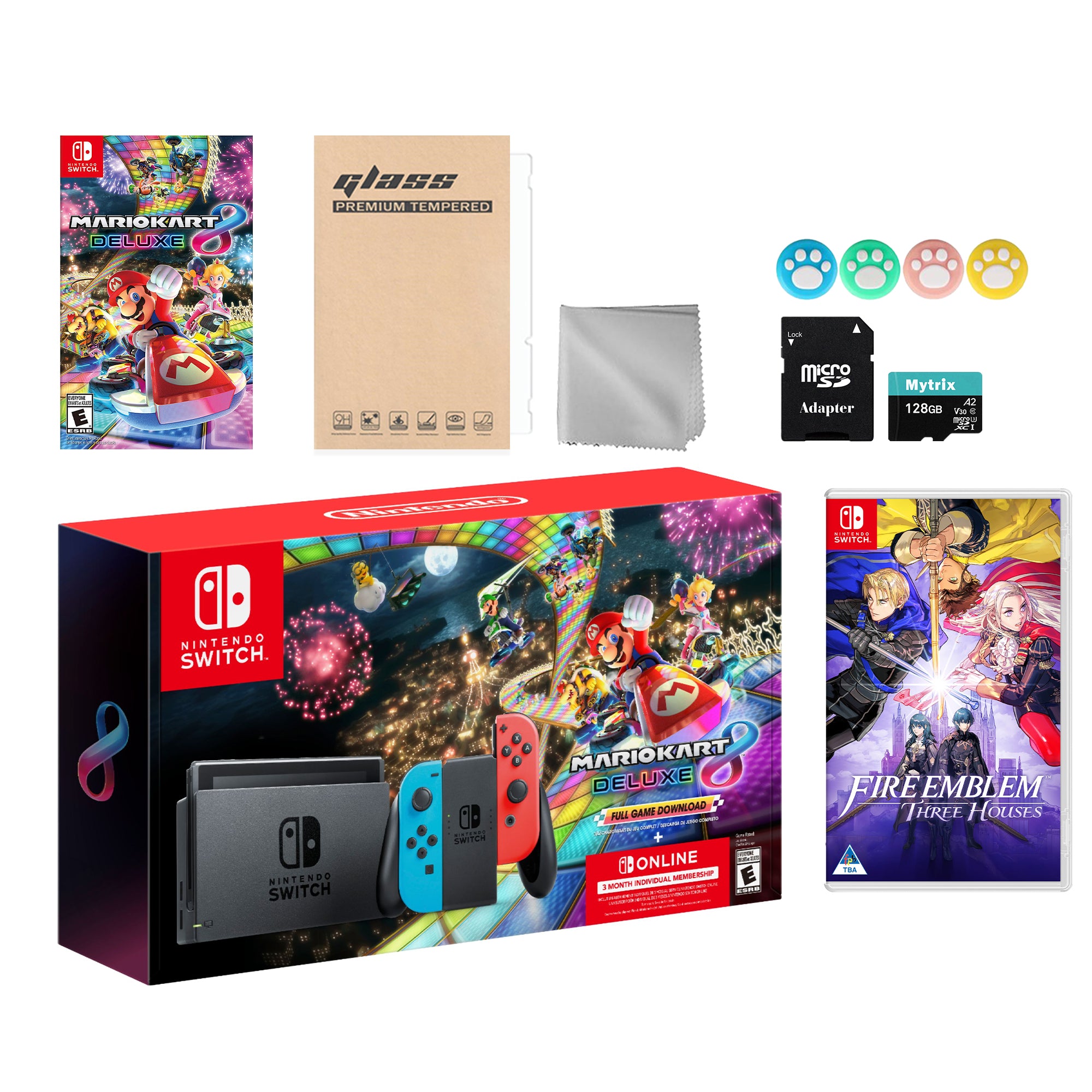 Nintendo Switch Mario Kart 8 Deluxe Bundle: Red Blue Console, Mario Kart 8 & Membership, Fire Emblem: Three Houses, Mytrix 128GB MicroSD Card and Accessories