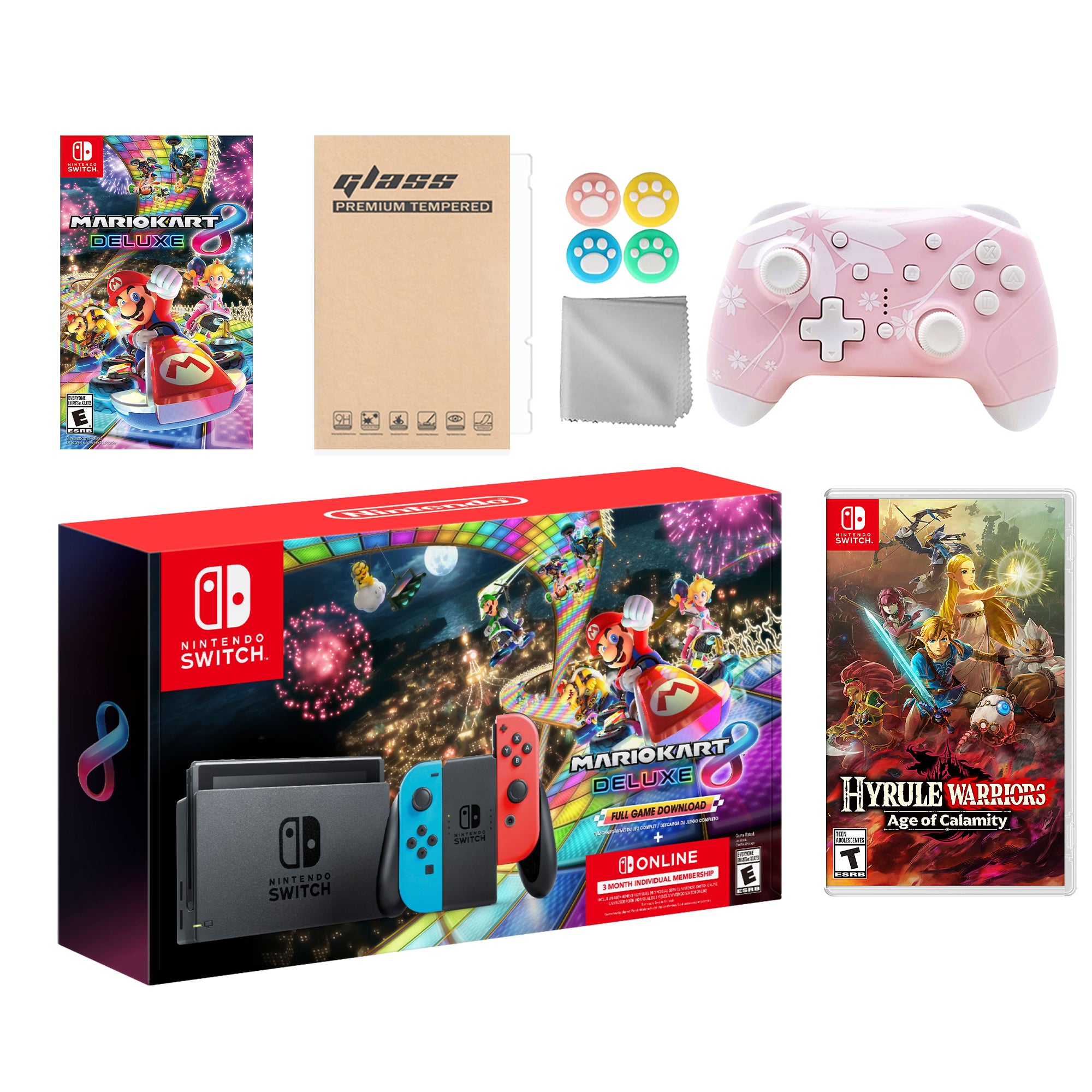 Nintendo Switch Mario Kart 8 Deluxe Bundle: Red Blue Console, Mario Kart 8 & Membership, Hyrule Warriors: Age of Calamity, Mytrix Wireless Pro Controller Pink Cherry Blossom and Accessories