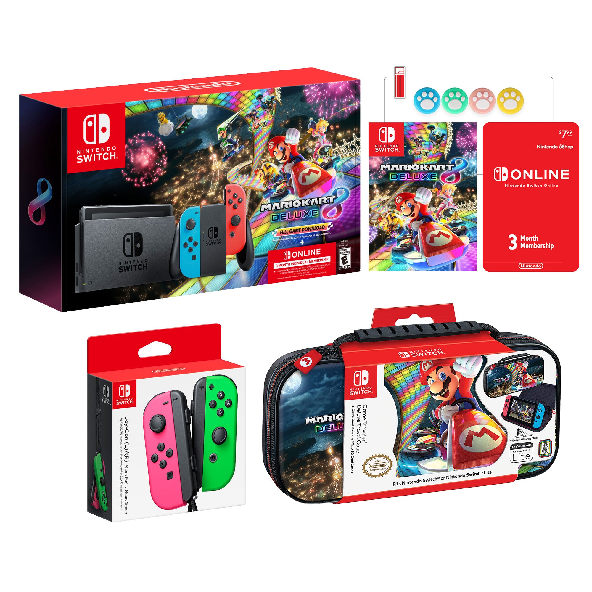 Nintendo Switch Mario Kart 8 Neon Multiplayer Bundle: Red Blue JoyCon Console, Mario Kart 8 Deluxe & Online Membership, Travel Case Mytrix Tempered Glass Screen Protector, and Joystick caps