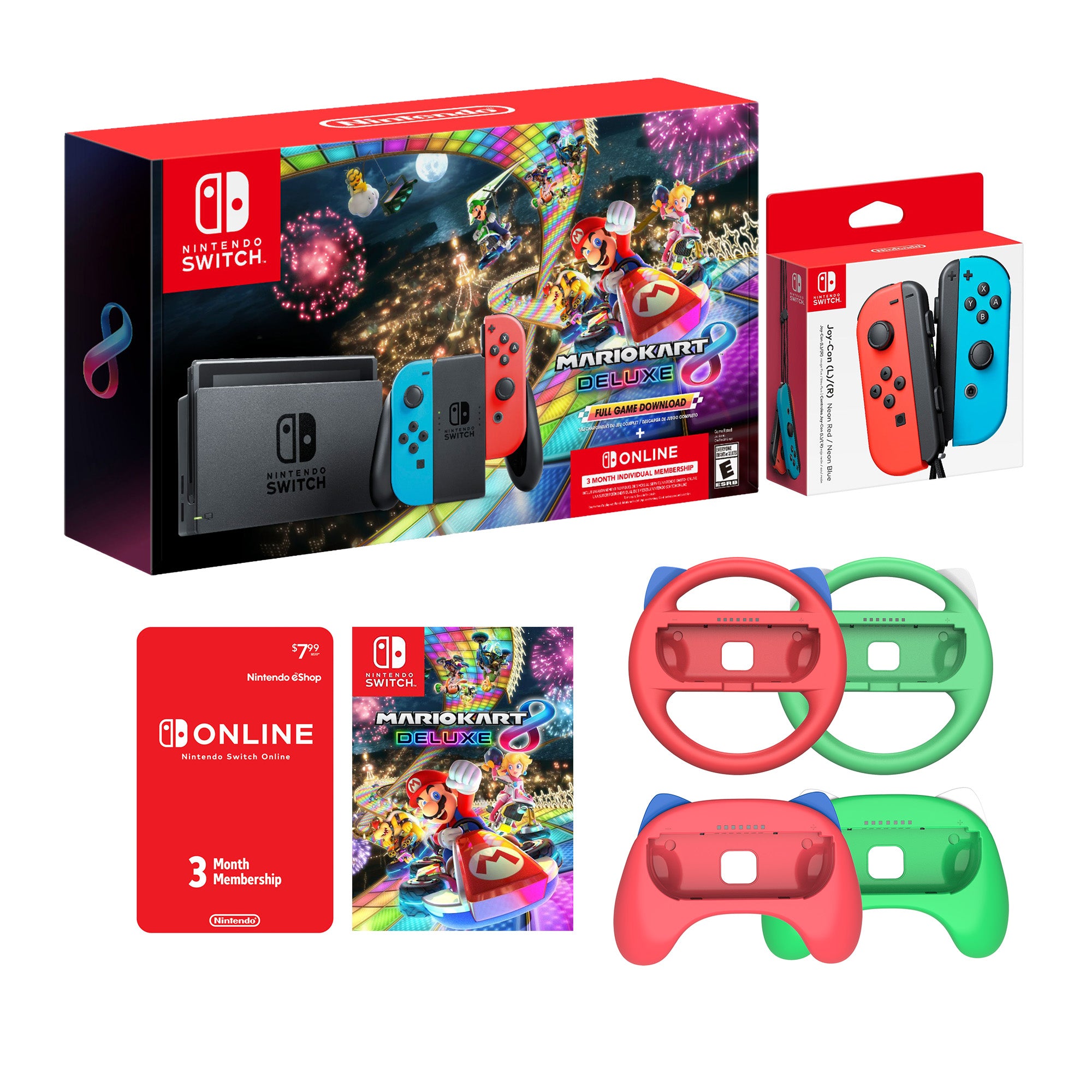Nintendo Switch Mario Kart 8 Neon Multiplayer Racing Bundle: Red Blue JoyCon Console, Mario Kart 8 Deluxe & Online Membership, Mytrix Wheels & Grips 4 Pcs, Additional Red/Blue JoyCons