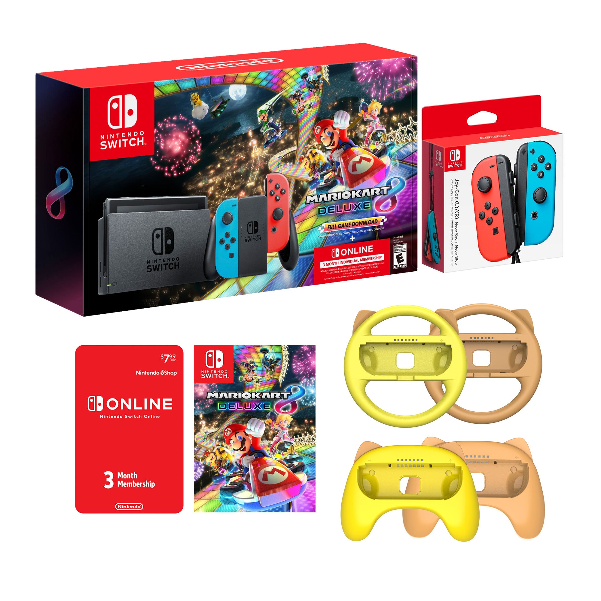 Nintendo Switch Mario Kart 8 Neon Multiplayer Racing Bundle: Red Blue JoyCon Console, Mario Kart 8 Deluxe & Online Membership, Mytrix Wheels & Grips 4Pcs, Additional Red/Blue JoyCons