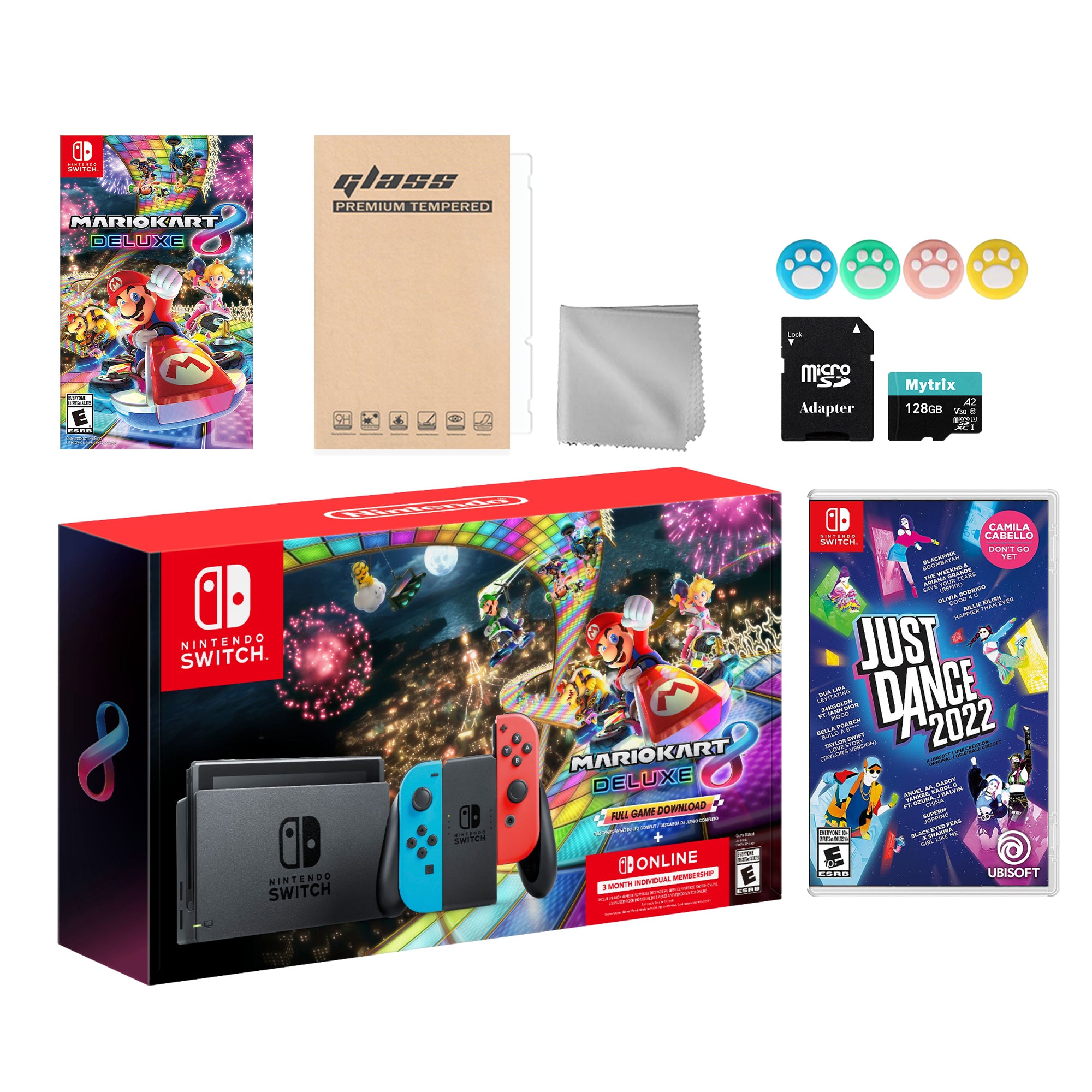Nintendo Switch Mario Kart 8 Deluxe Bundle: Red Blue Console, Mario Kart 8 & Membership, Just Dance 2022, Mytrix 128GB MicroSD Card and Accessories