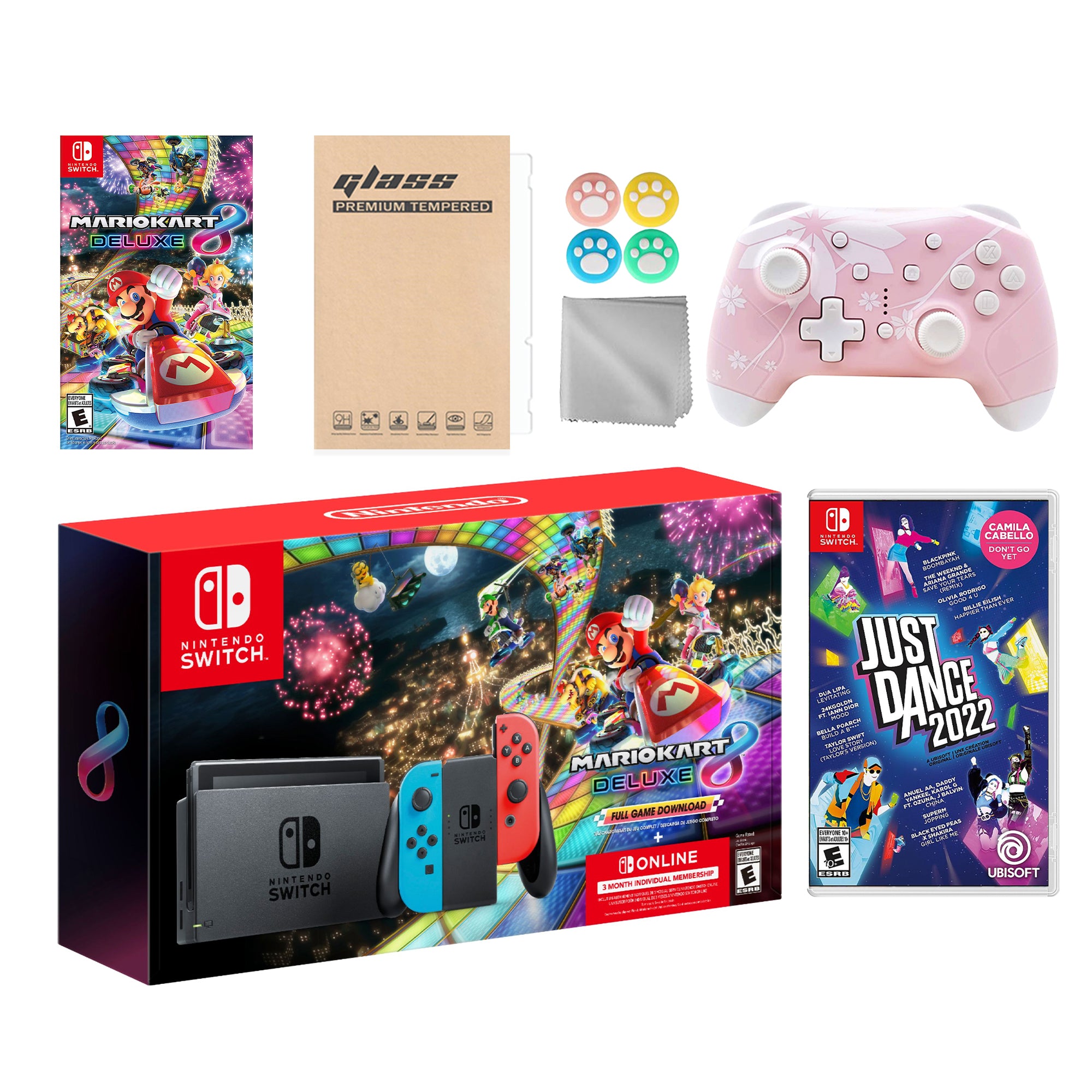 Nintendo Switch Mario Kart 8 Deluxe Bundle: Red Blue Console, Mario Kart 8 & Membership, Just Dance 2022, Mytrix Wireless Pro Controller Pink Cherry Blossom and Accessories