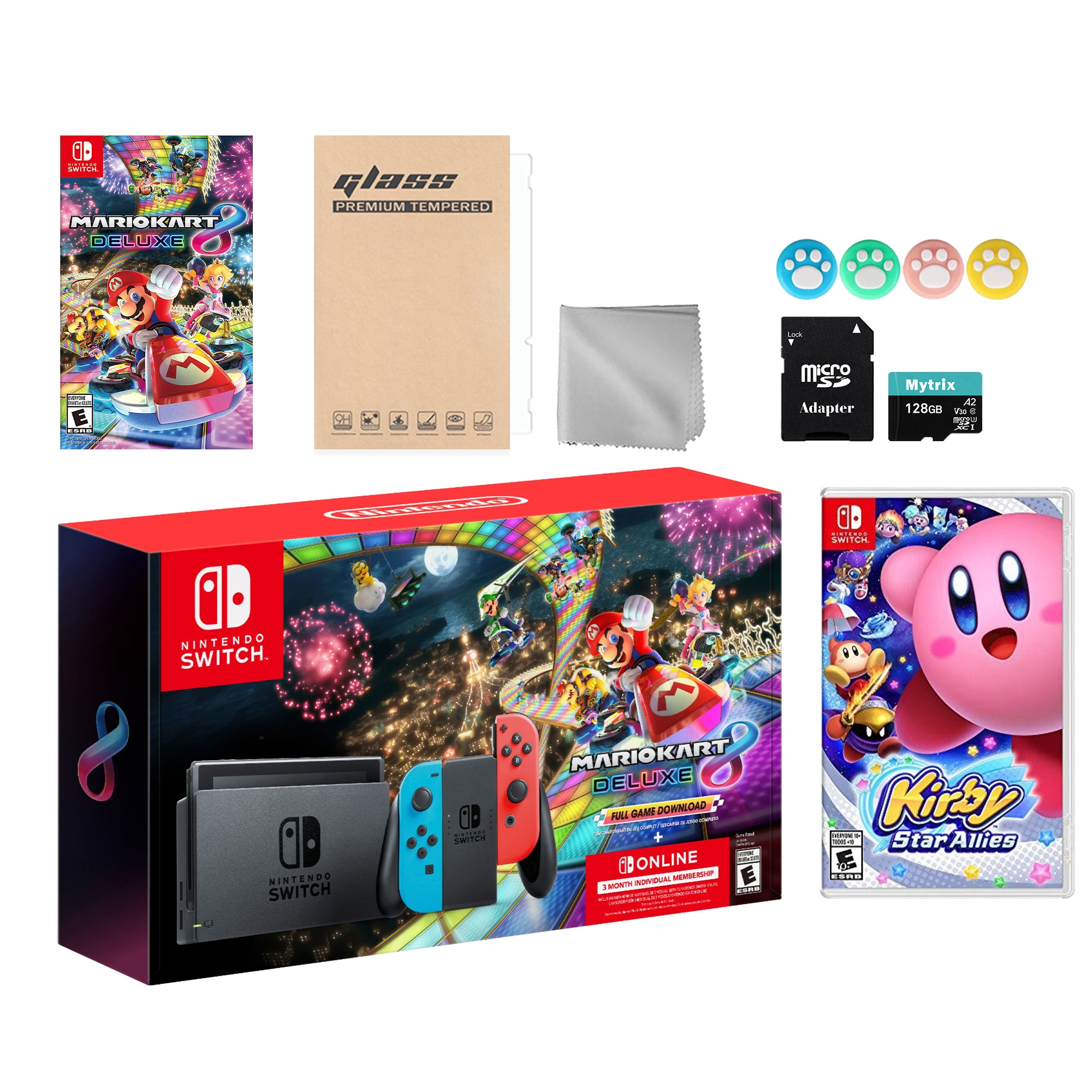 Nintendo Switch Mario Kart 8 Deluxe Bundle: Red Blue Console, Mario Kart 8 & Membership, Kirby Star Allies, Mytrix 128GB MicroSD Card and Accessories