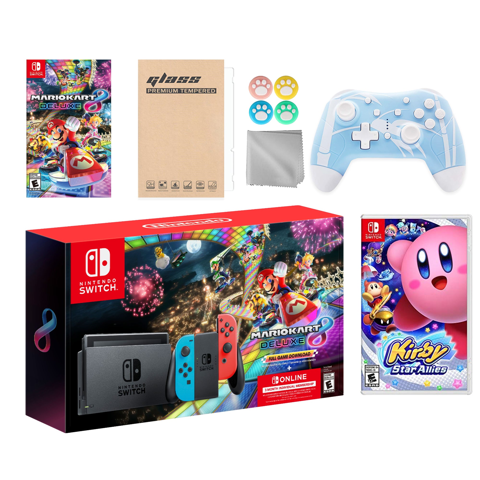 Nintendo Switch Mario Kart 8 Deluxe Bundle: Red Blue Console, Mario Kart 8 & Membership, Kirby Star Allies, Mytrix Wireless Pro Controller Blue Bamboo and Accessories