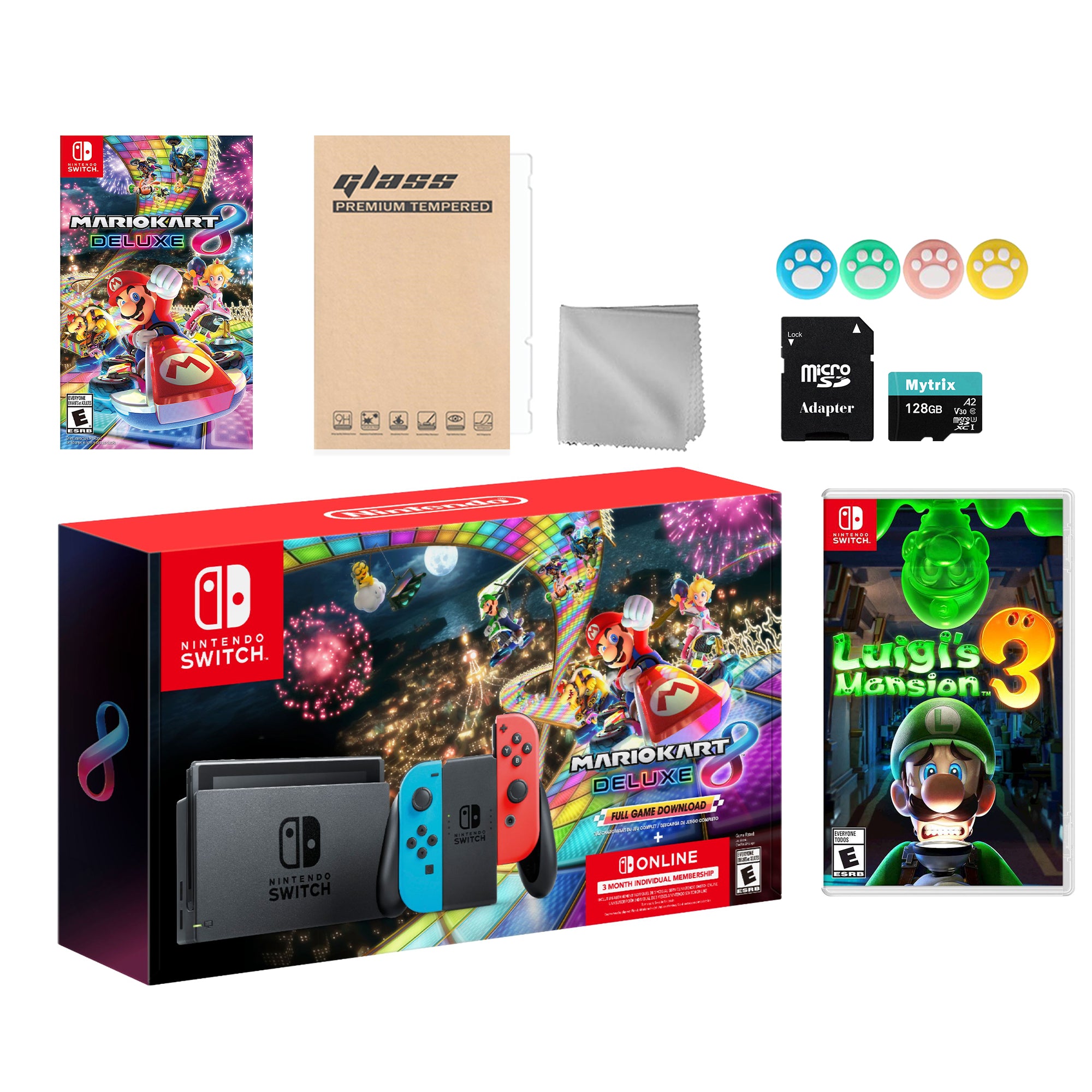 Nintendo Switch Mario Kart 8 Deluxe Bundle: Red Blue Console, Mario Kart 8 & Membership, Luigi's Mansion 3, Mytrix 128GB MicroSD Card and Accessories