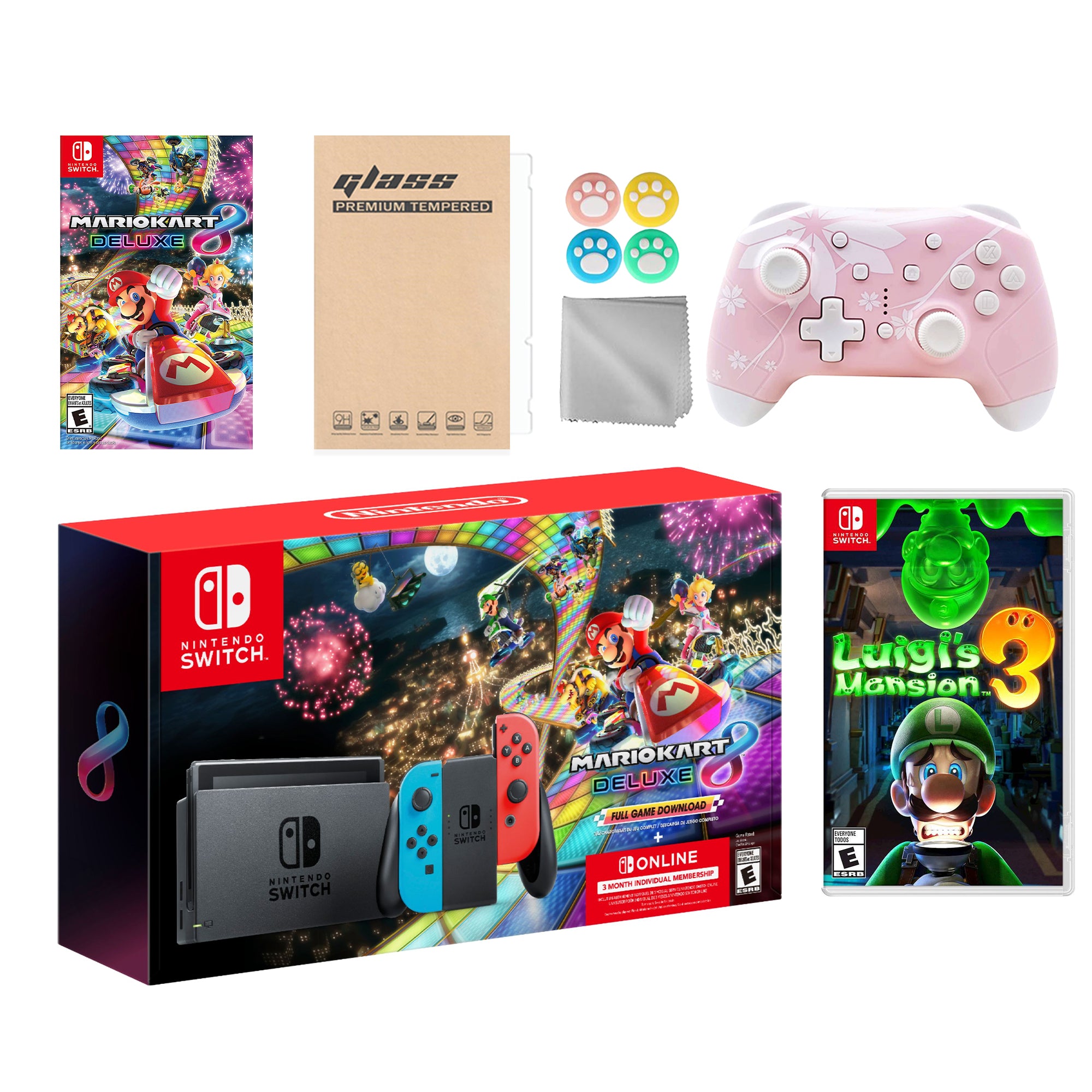 Nintendo Switch Mario Kart 8 Deluxe Bundle: Red Blue Console, Mario Kart 8 & Membership, Luigi's Mansion 3, Mytrix Wireless Pro Controller Pink Cherry Blossom and Accessories