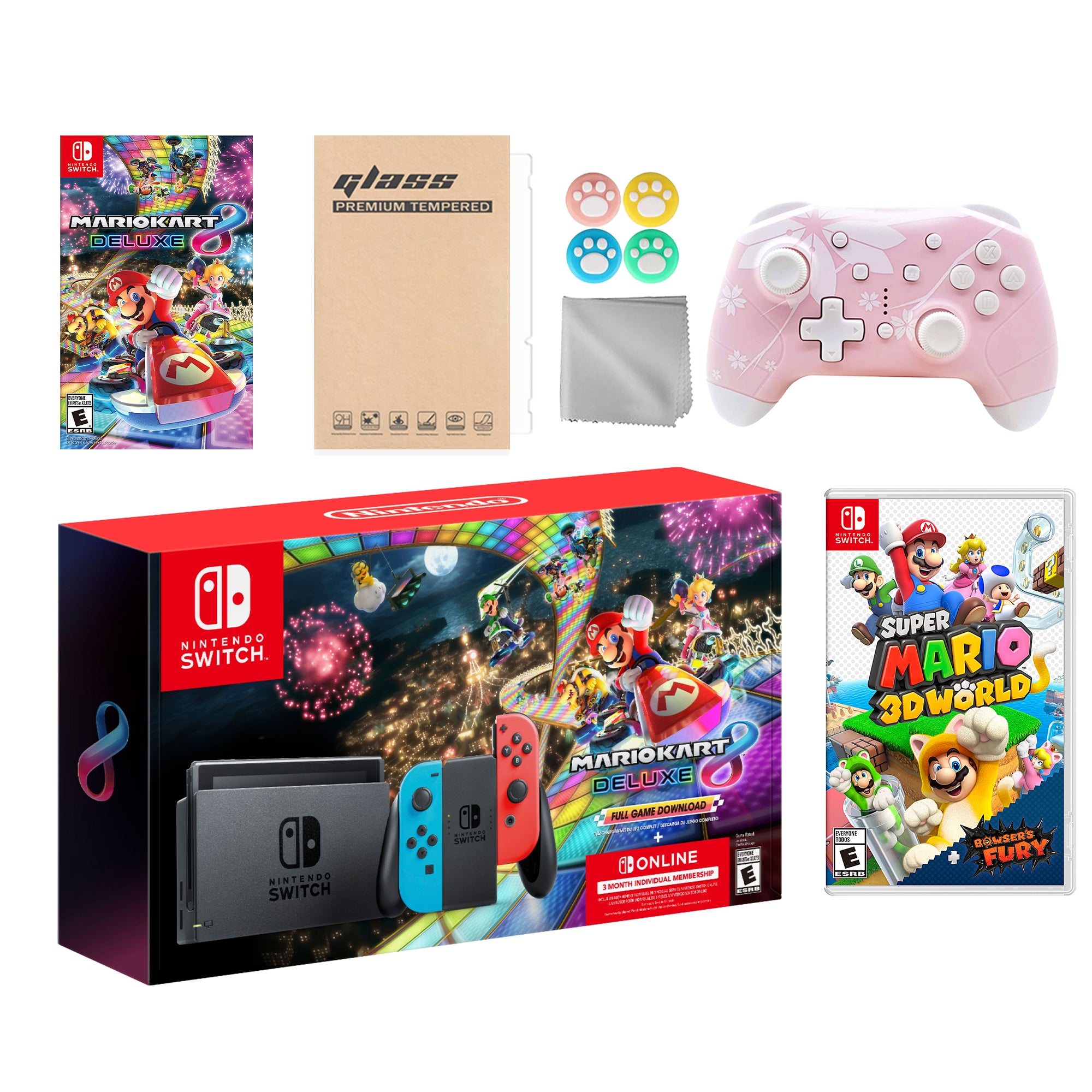 Nintendo Switch Mario Kart 8 Deluxe Bundle: Red Blue Console, Mario Kart 8 & Membership, Super Mario 3D World + Bowser's Fury, Mytrix Wireless Pro Controller Pink Cherry Blossom and Accessories