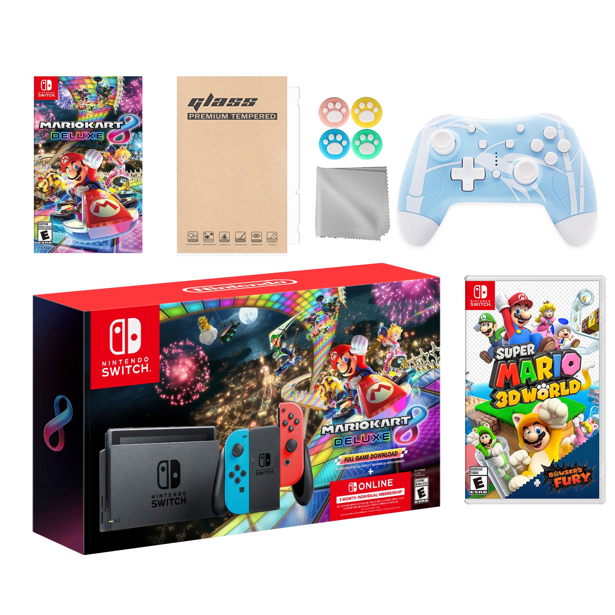 Nintendo Switch Mario Kart 8 Deluxe Bundle: Red Blue Console, Mario Kart 8 & Membership, Super Mario 3D World + Bowser's Fury, Mytrix Wireless Pro Controller Blue Bamboo and Accessories