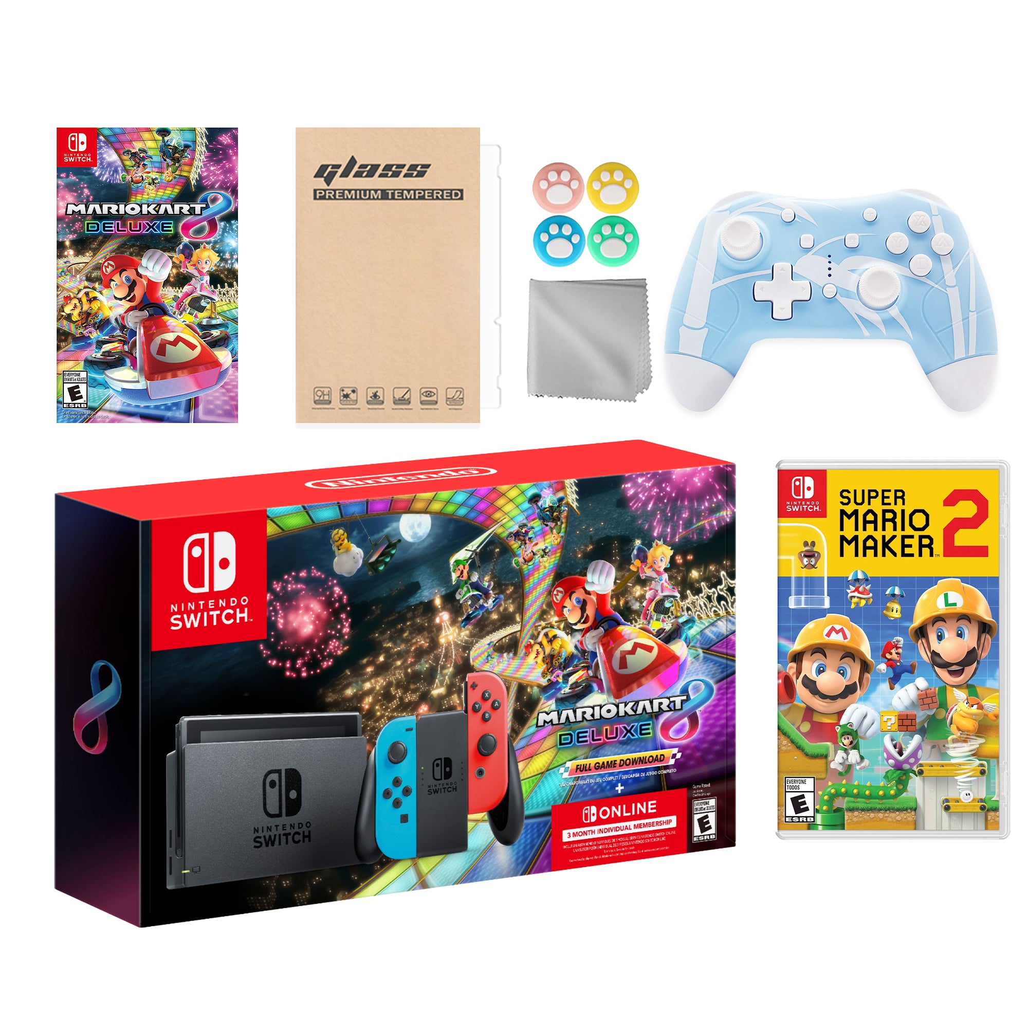 Nintendo Switch Mario Kart 8 Deluxe Bundle: Red Blue Console, Mario Kart 8 & Membership, Super Mario Maker 2, Mytrix Wireless Pro Controller Blue Bamboo and Accessories