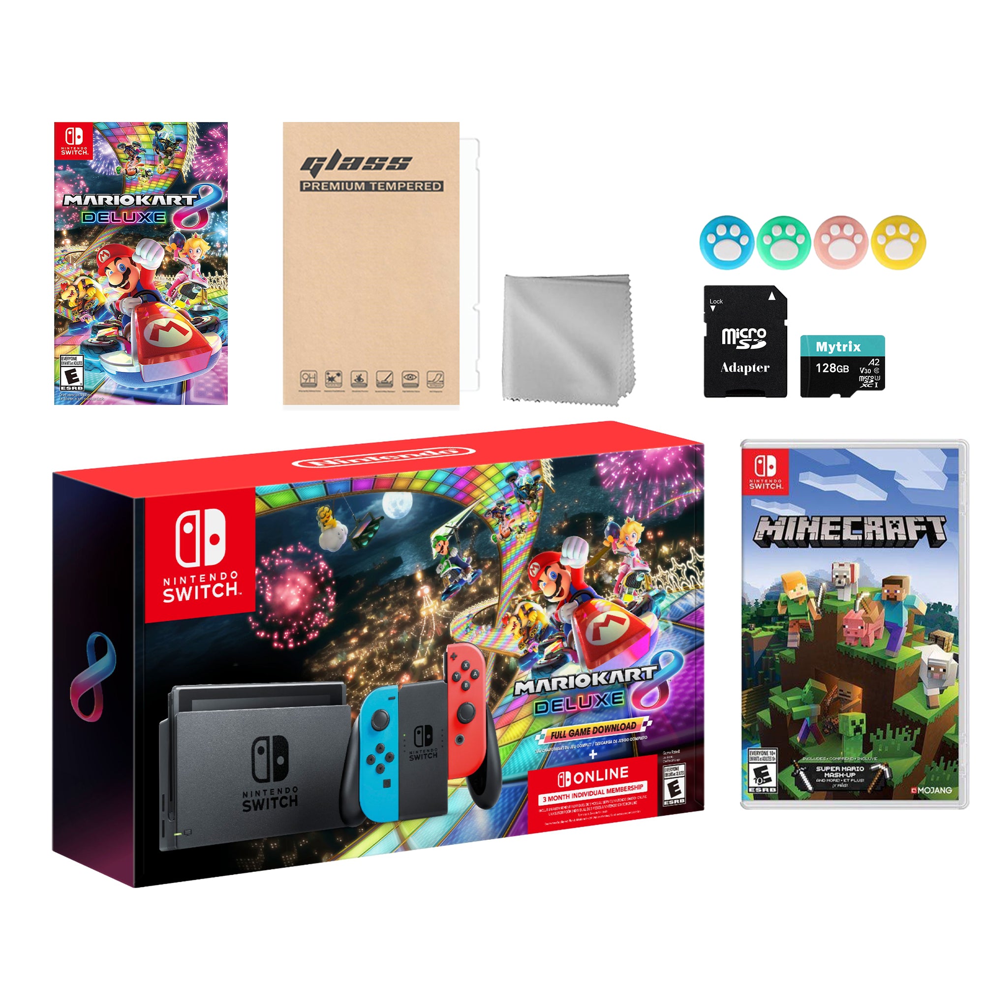 Nintendo Switch Mario Kart 8 Deluxe Bundle: Red Blue Console, Mario Kart 8 & Membership, Minecraft, Mytrix 128GB MicroSD Card and Accessories