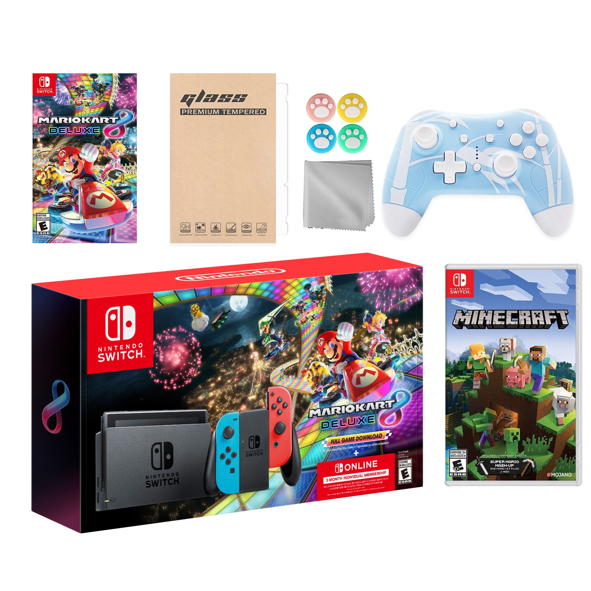 Nintendo Switch Mario Kart 8 Deluxe Bundle: Red Blue Console, Mario Kart 8 & Membership, Minecraft, Mytrix Wireless Pro Controller Blue Bamboo and Accessories