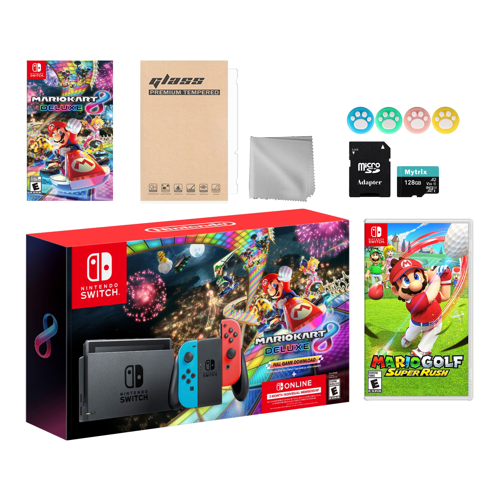Nintendo Switch Mario Kart 8 Deluxe Bundle: Red Blue Console, Mario Kart 8 & Membership, Mario Golf: Super Rush , Mytrix 128GB MicroSD Card and Accessories