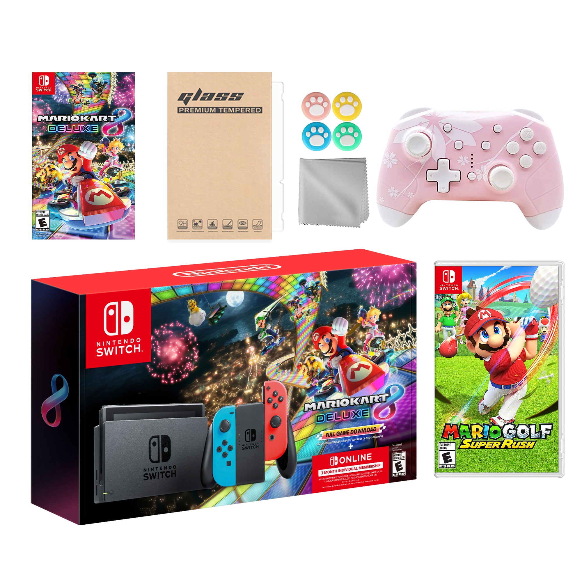 Nintendo Switch Mario Kart 8 Deluxe Bundle: Red Blue Console, Mario Kart 8 & Membership, Mario Golf: Super Rush , Mytrix Wireless Pro Controller Pink Cherry Blossom and Accessories