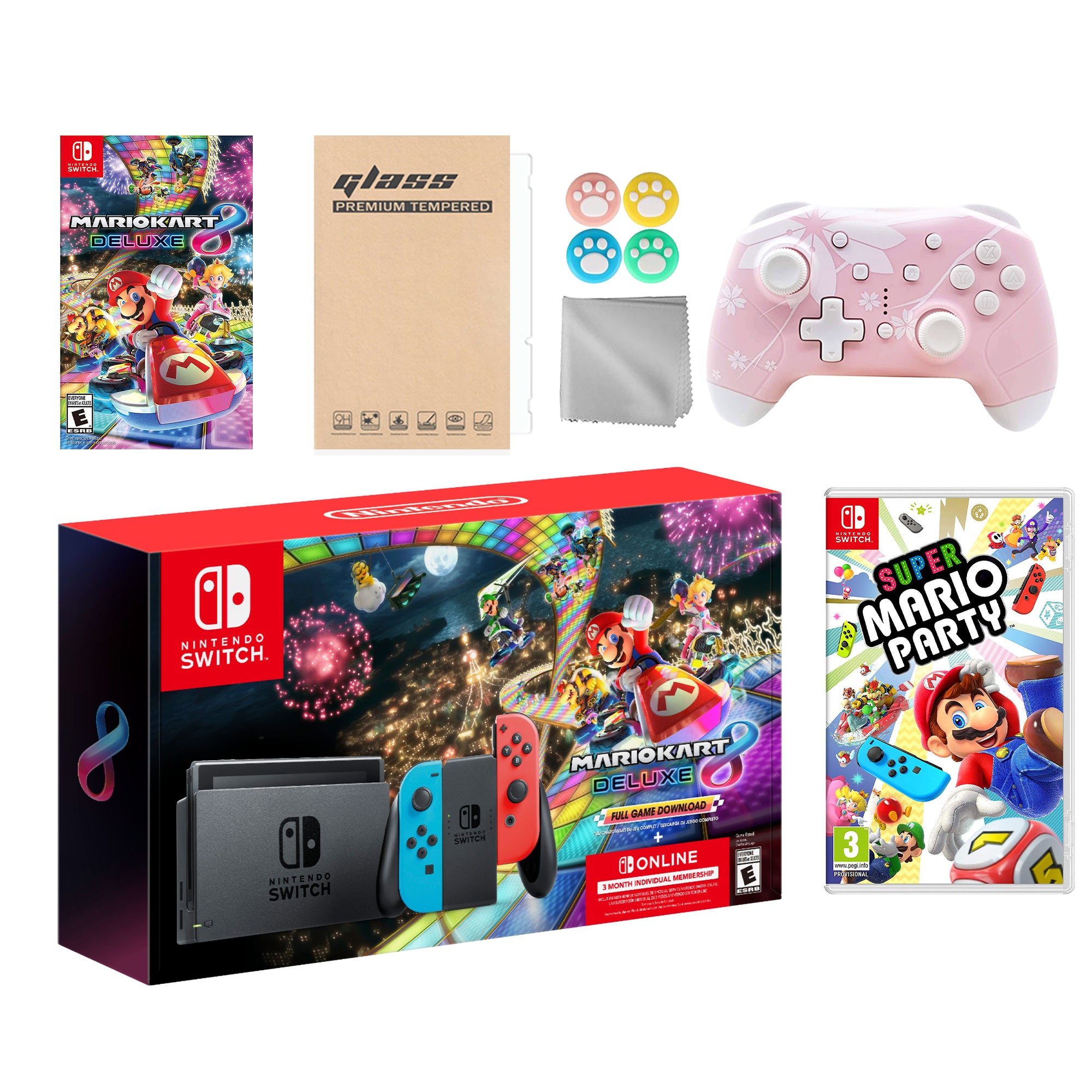 Nintendo Switch Mario Kart 8 Deluxe Bundle: Red Blue Console, Mario Kart 8 & Membership, Super Mario Party, Mytrix Wireless Pro Controller Pink Cherry Blossom and Accessories