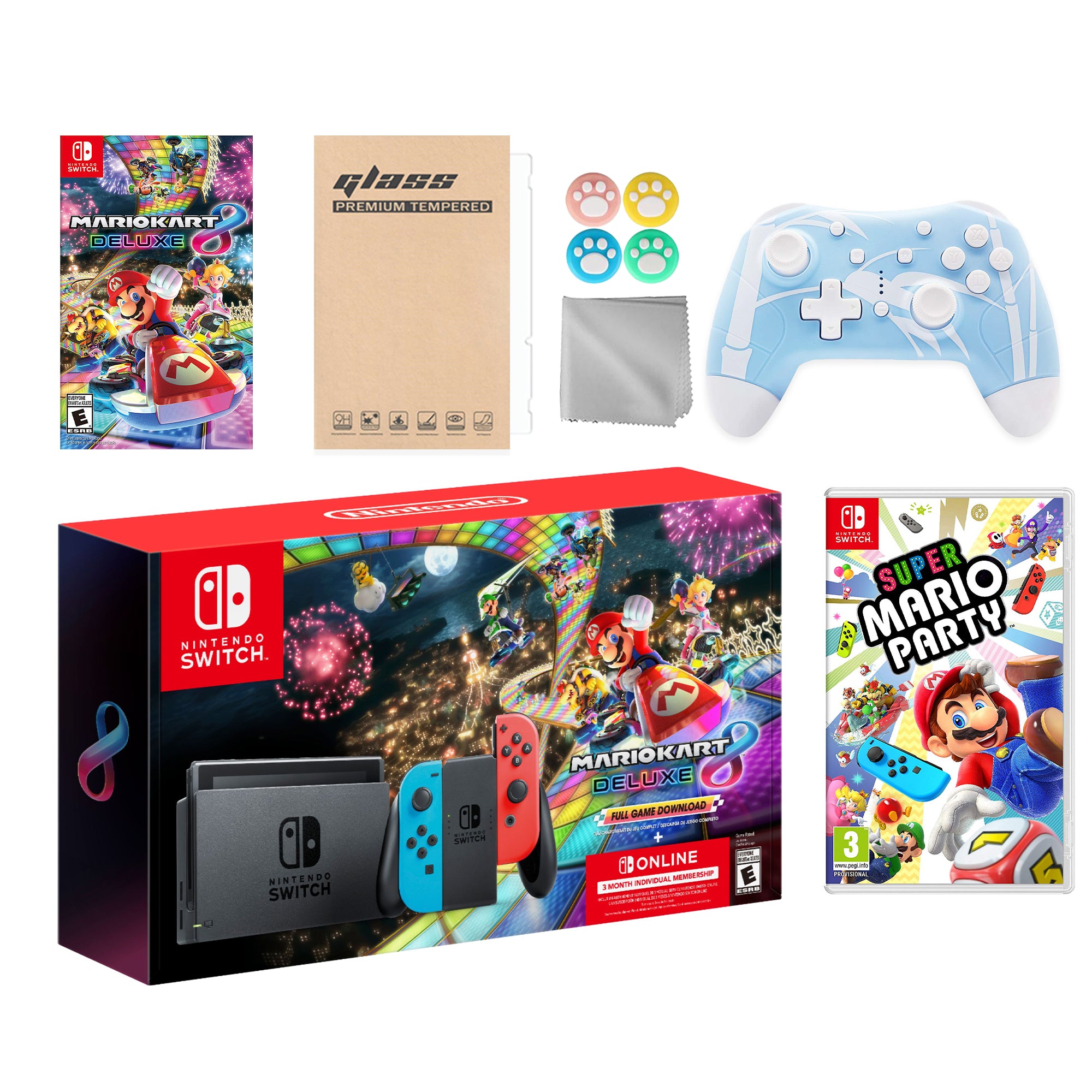 Nintendo Switch Mario Kart 8 Deluxe Bundle: Red Blue Console, Mario Kart 8 & Membership, Super Mario Party, Mytrix Wireless Pro Controller Blue Bamboo and Accessories
