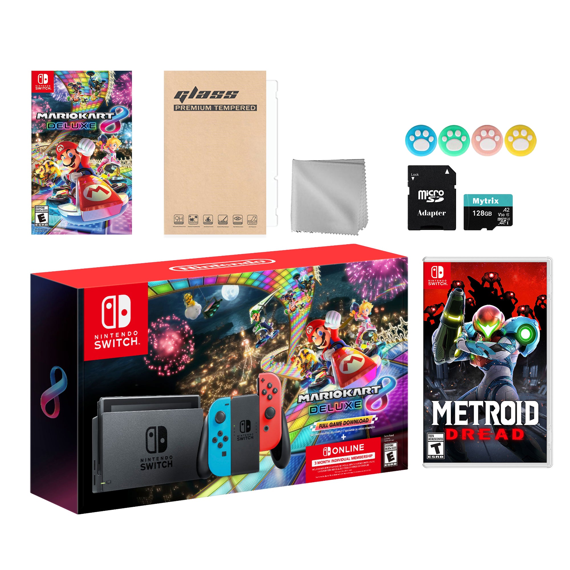 Nintendo Switch Mario Kart 8 Deluxe Bundle: Red Blue Console, Mario Kart 8 & Membership, Metroid Dread, Mytrix 128GB MicroSD Card and Accessories