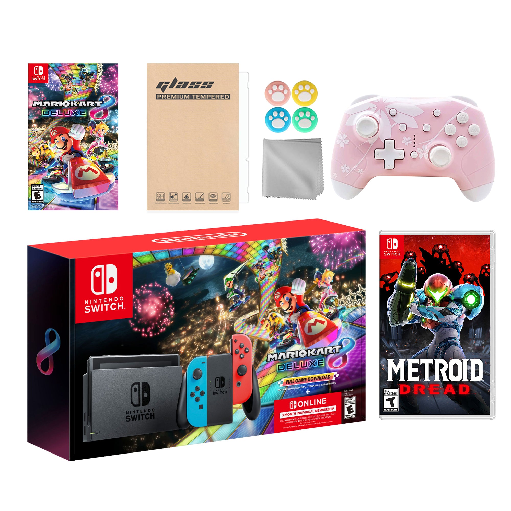 Nintendo Switch Mario Kart 8 Deluxe Bundle: Red Blue Console, Mario Kart 8 & Membership, Metroid Dread, Mytrix Wireless Pro Controller Pink Cherry Blossom and Accessories