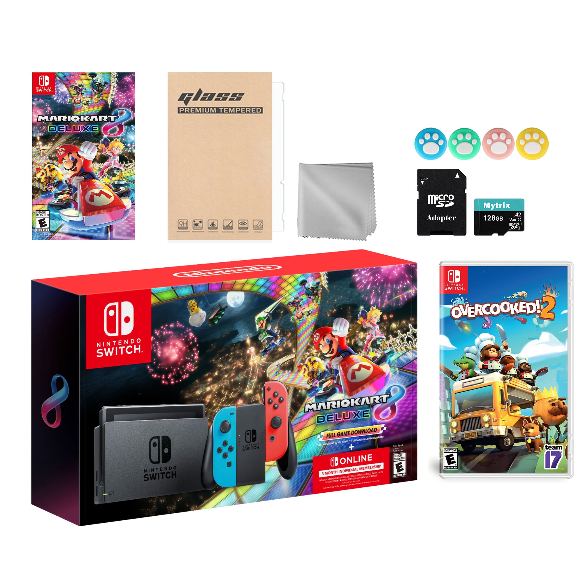 Nintendo Switch Mario Kart 8 Deluxe Bundle: Red Blue Console, Mario Kart 8 & Membership, Overcooked! 2, Mytrix 128GB MicroSD Card and Accessories