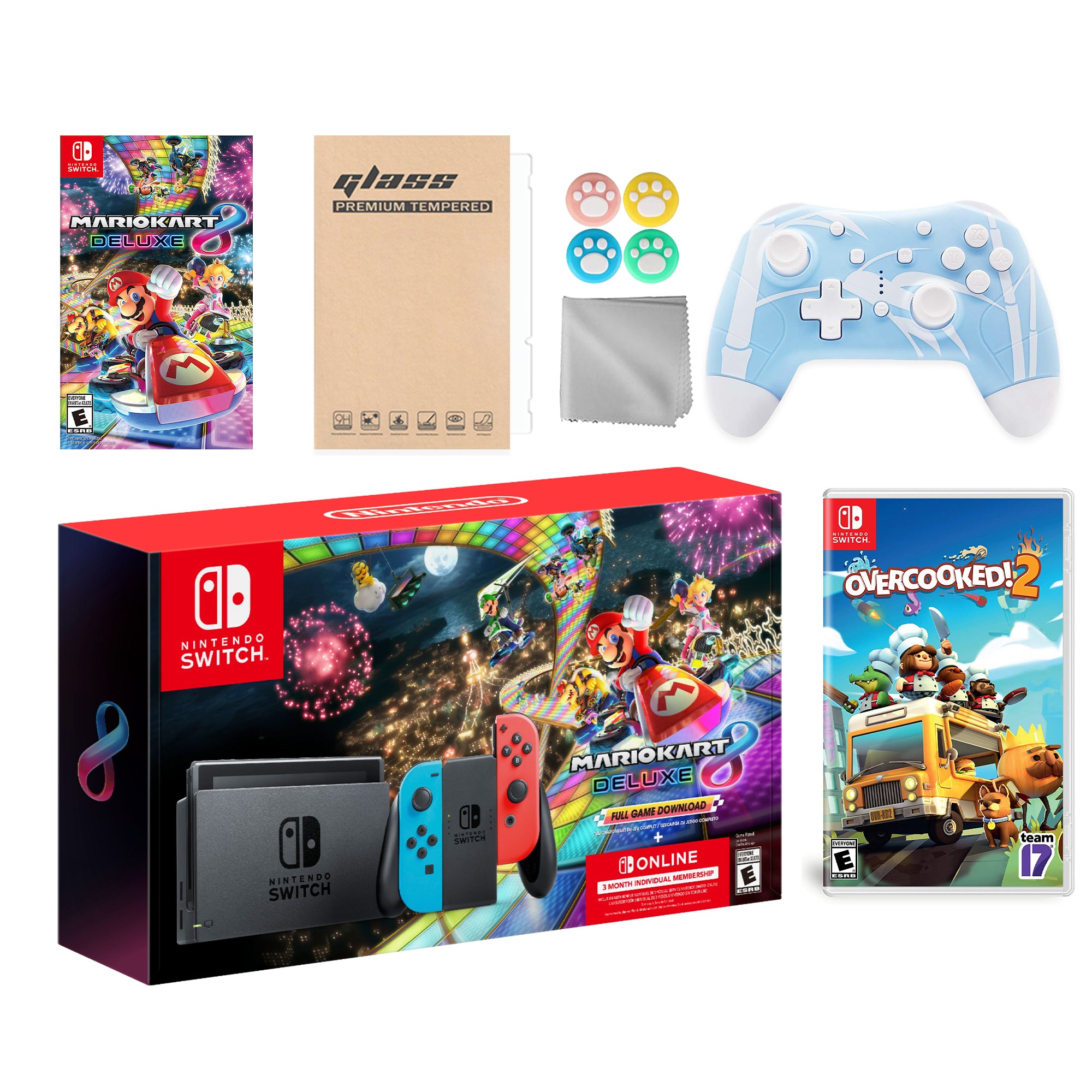 Nintendo Switch Mario Kart 8 Deluxe Bundle: Red Blue Console, Mario Kart 8 & Membership, Overcooked! 2, Mytrix Wireless Pro Controller Blue Bamboo and Accessories
