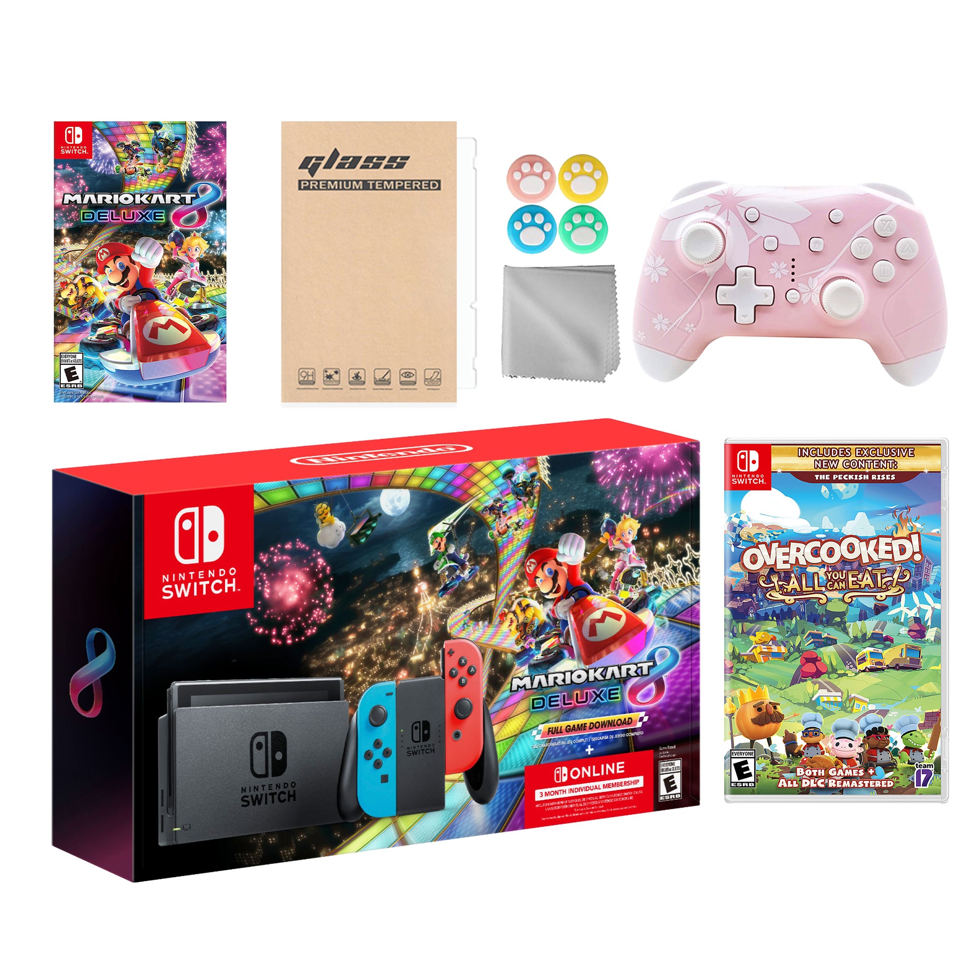 Nintendo Switch Mario Kart 8 Deluxe Bundle: Red Blue Console, Mario Kart 8 & Membership, Overcooked! All You Can Eat, Mytrix Wireless Pro Controller Pink Cherry Blossom and Accessories
