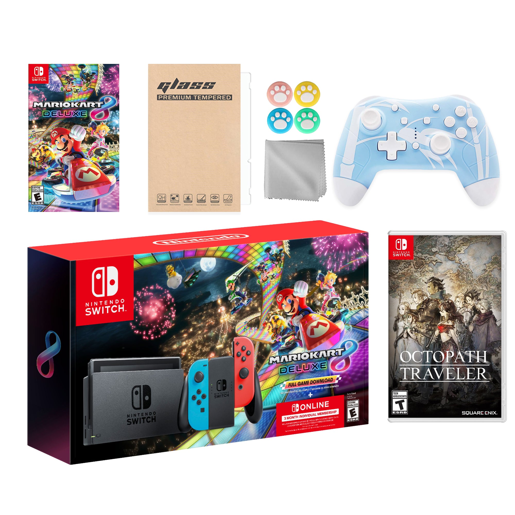 Nintendo Switch Mario Kart 8 Deluxe Bundle: Red Blue Console, Mario Kart 8 & Membership, Octopath Traveler, Mytrix Wireless Pro Controller Blue Bamboo and Accessories