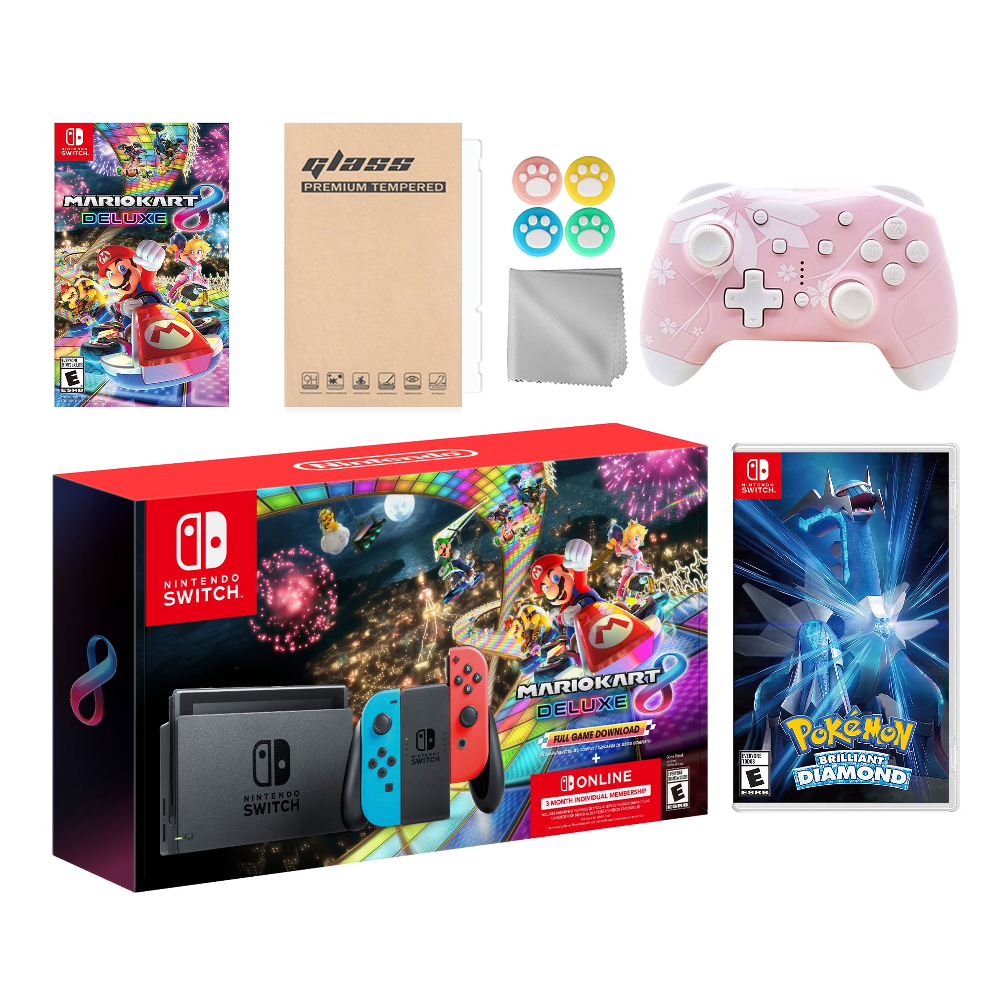 Nintendo Switch Mario Kart 8 Deluxe Bundle: Red Blue Console, Mario Kart 8 & Membership, Pokemon Brilliant Diamond, Mytrix Wireless Pro Controller Pink Cherry Blossom and Accessories