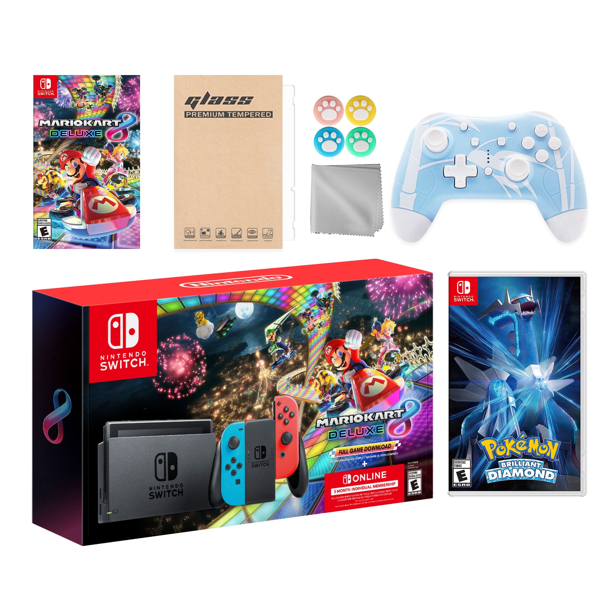 Nintendo Switch Mario Kart 8 Deluxe Bundle: Red Blue Console, Mario Kart 8 & Membership, Pokemon Brilliant Diamond, Mytrix Wireless Pro Controller Blue Bamboo and Accessories