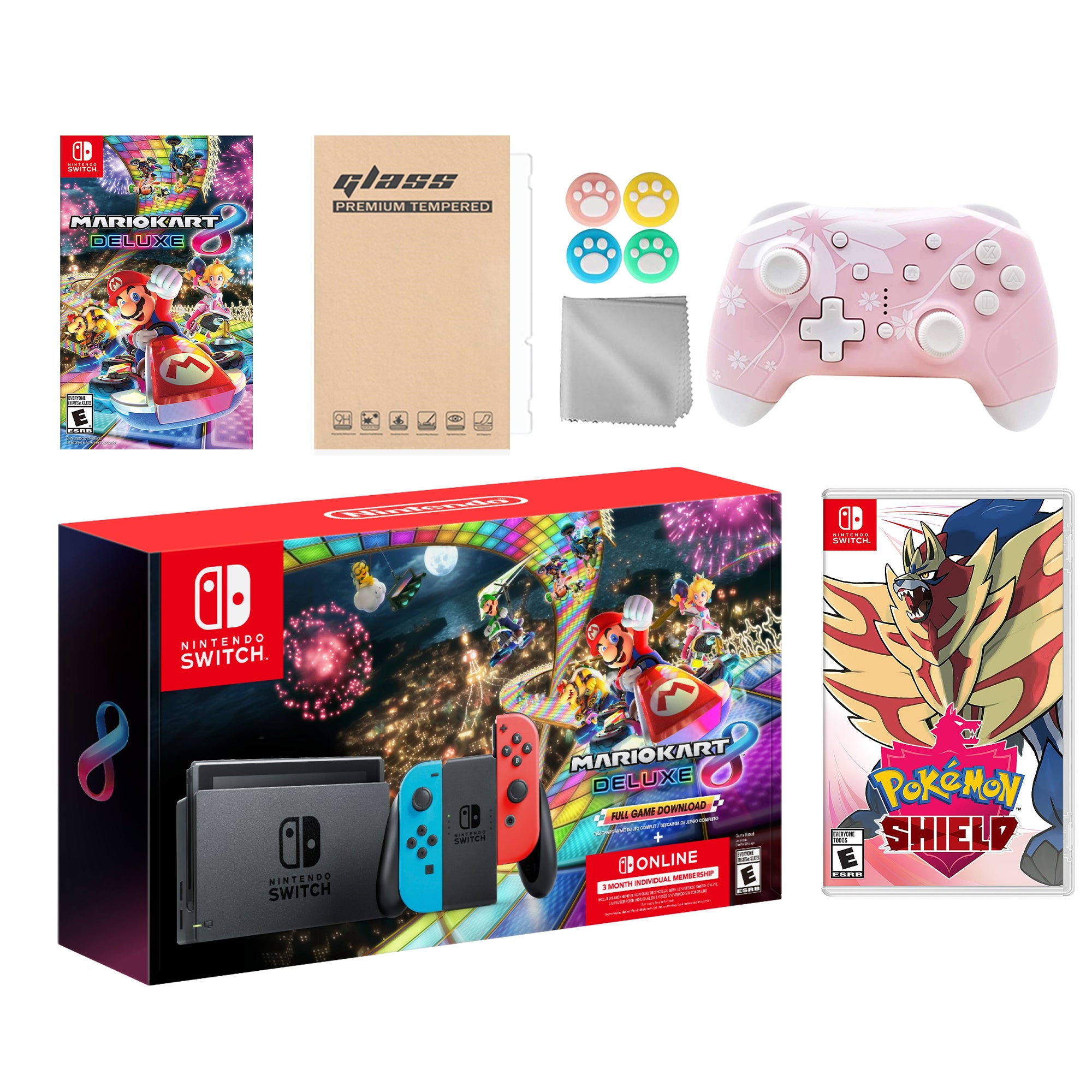 Nintendo Switch Mario Kart 8 Deluxe Bundle: Red Blue Console, Mario Kart 8 & Membership, Pokemon Shield, Mytrix Wireless Pro Controller Pink Cherry Blossom and Accessories