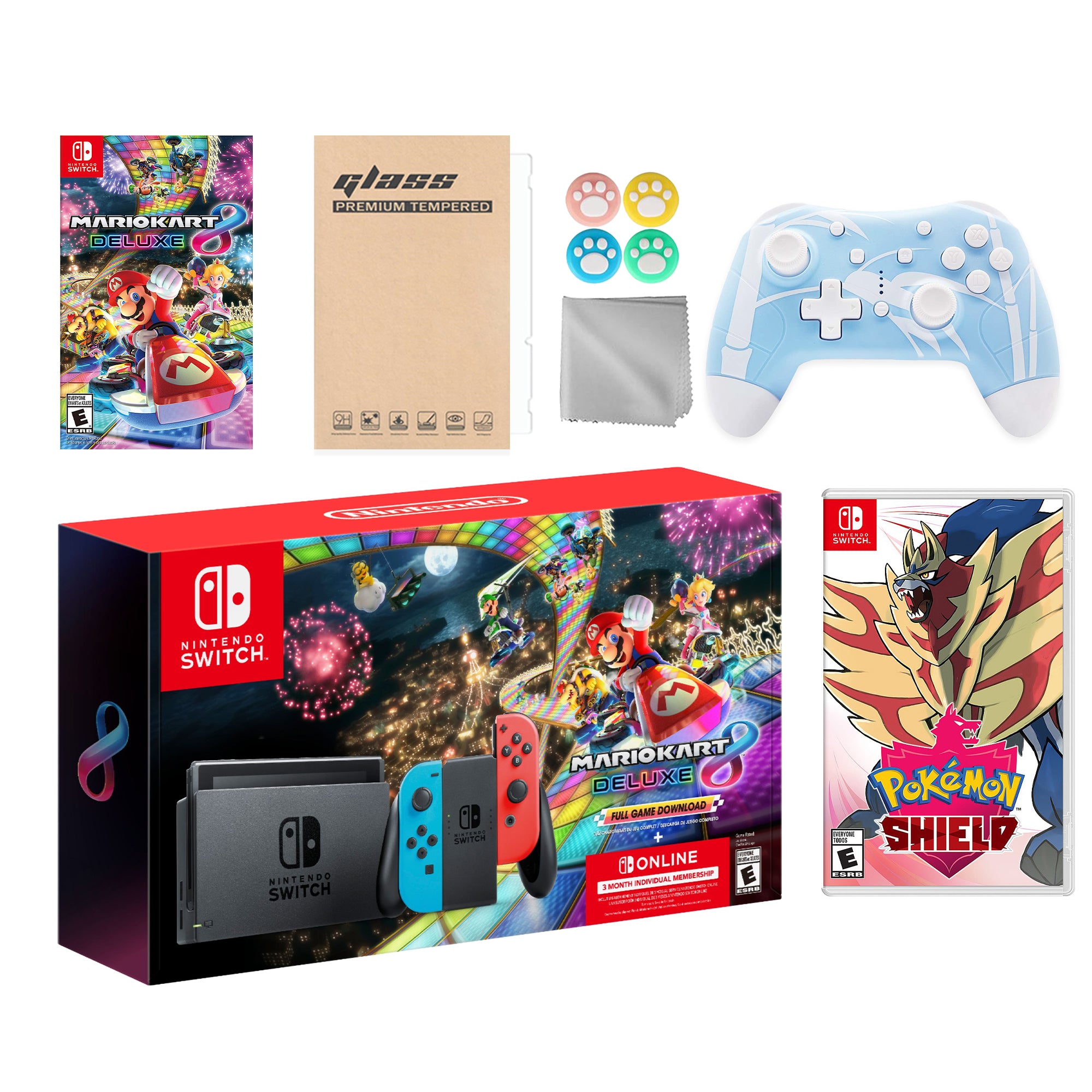 Nintendo Switch Mario Kart 8 Deluxe Bundle: Red Blue Console, Mario Kart 8 & Membership, Pokemon Shield, Mytrix Wireless Pro Controller Blue Bamboo and Accessories