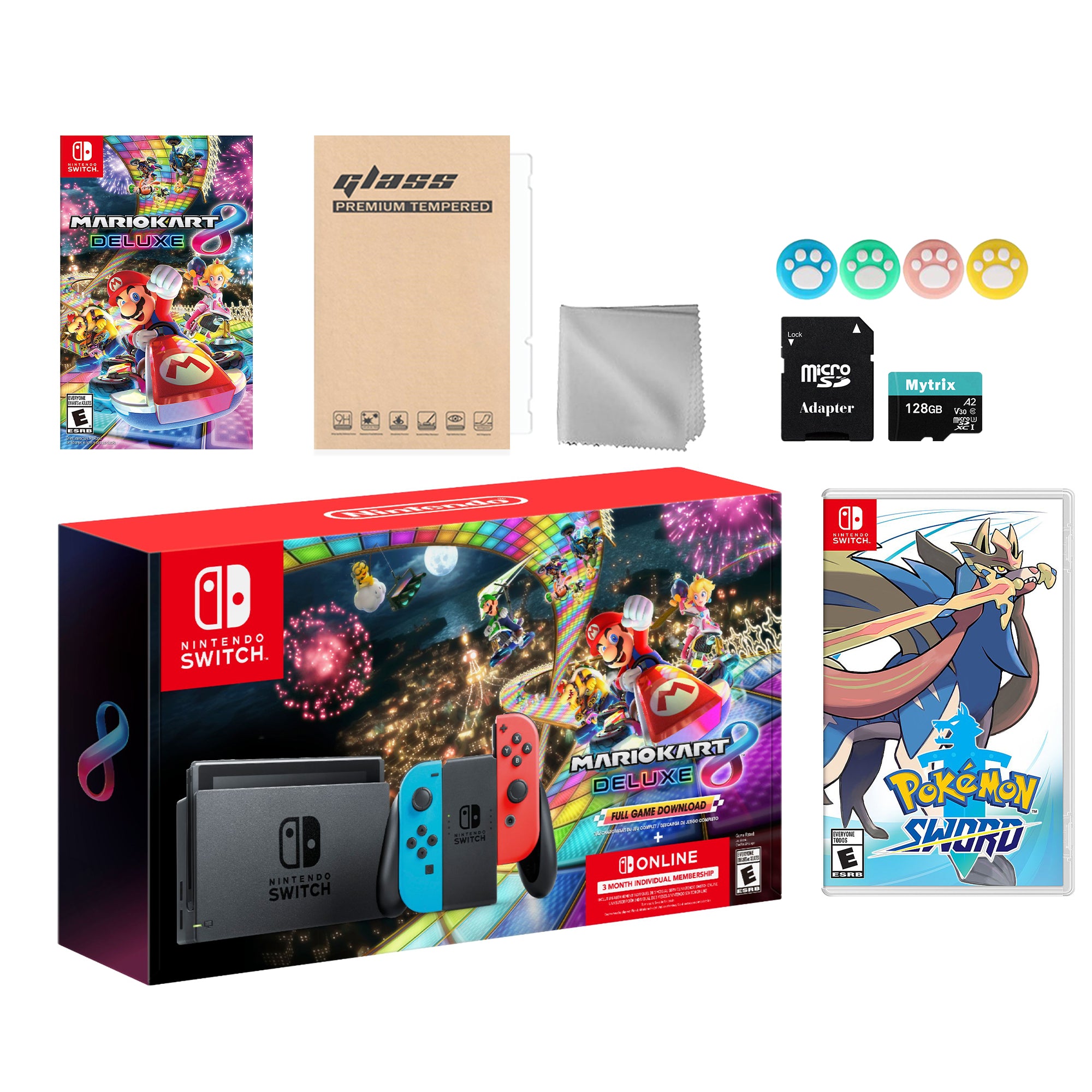 Nintendo Switch Mario Kart 8 Deluxe Bundle: Red Blue Console, Mario Kart 8 & Membership, Pokemon Sword, Mytrix 128GB MicroSD Card and Accessories
