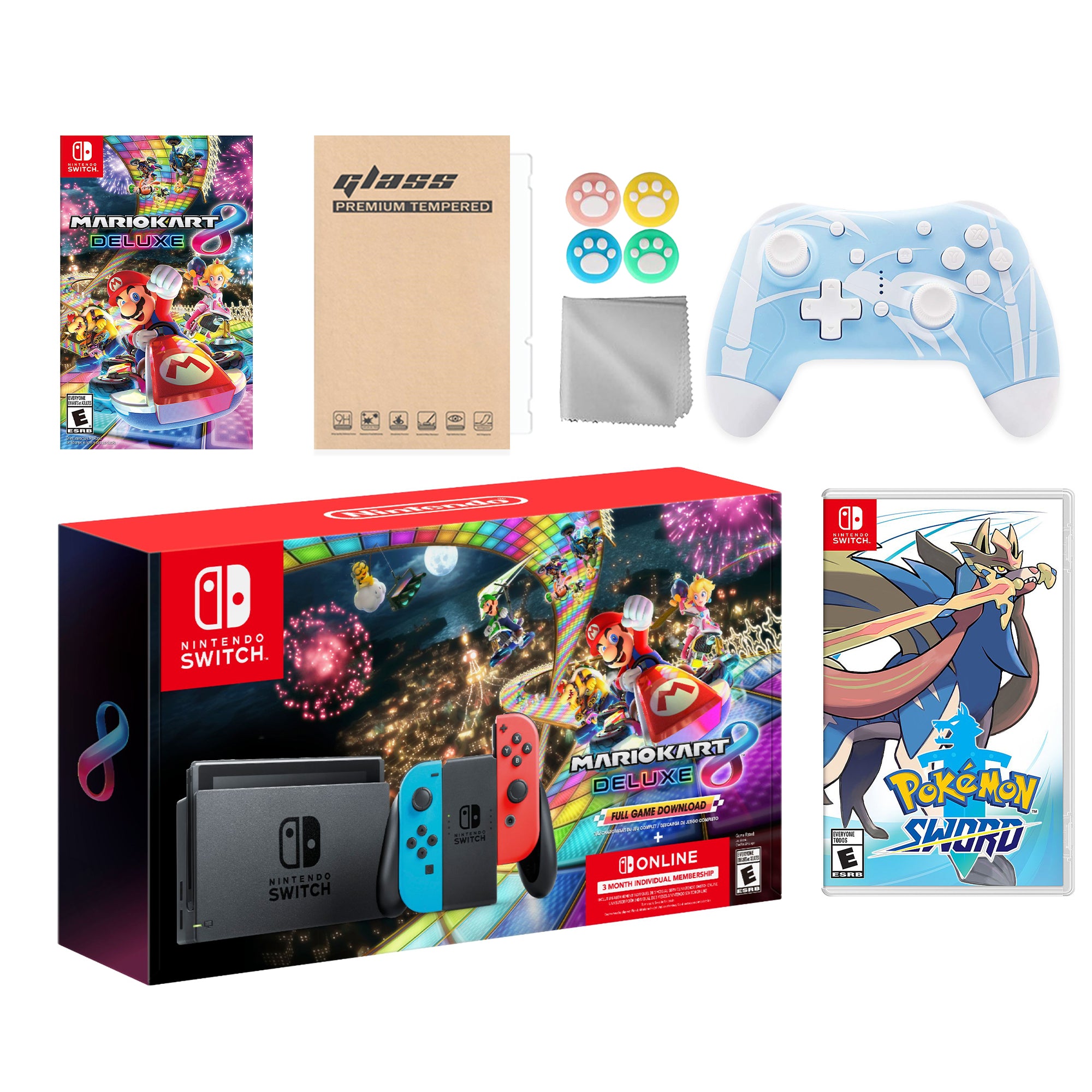 Nintendo Switch Mario Kart 8 Deluxe Bundle: Red Blue Console, Mario Kart 8 & Membership, Pokemon Sword, Mytrix Wireless Pro Controller Blue Bamboo and Accessories