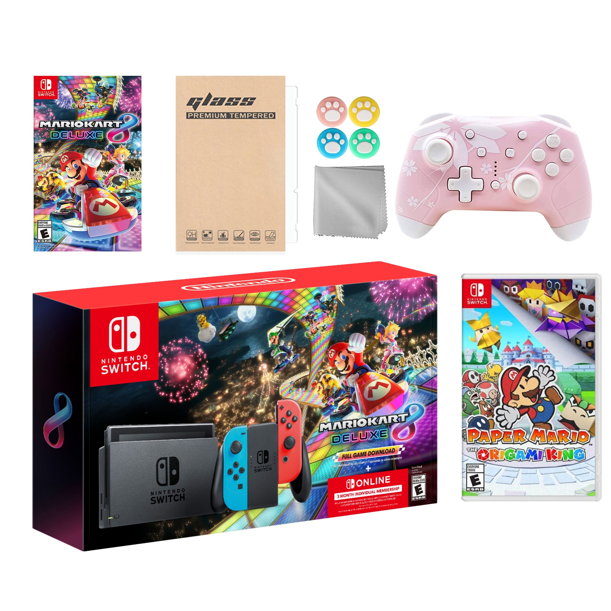 Nintendo Switch Mario Kart 8 Deluxe Bundle: Red Blue Console, Mario Kart 8 & Membership, Paper Mario: The Origami King, Mytrix Wireless Pro Controller Pink Cherry Blossom and Accessories