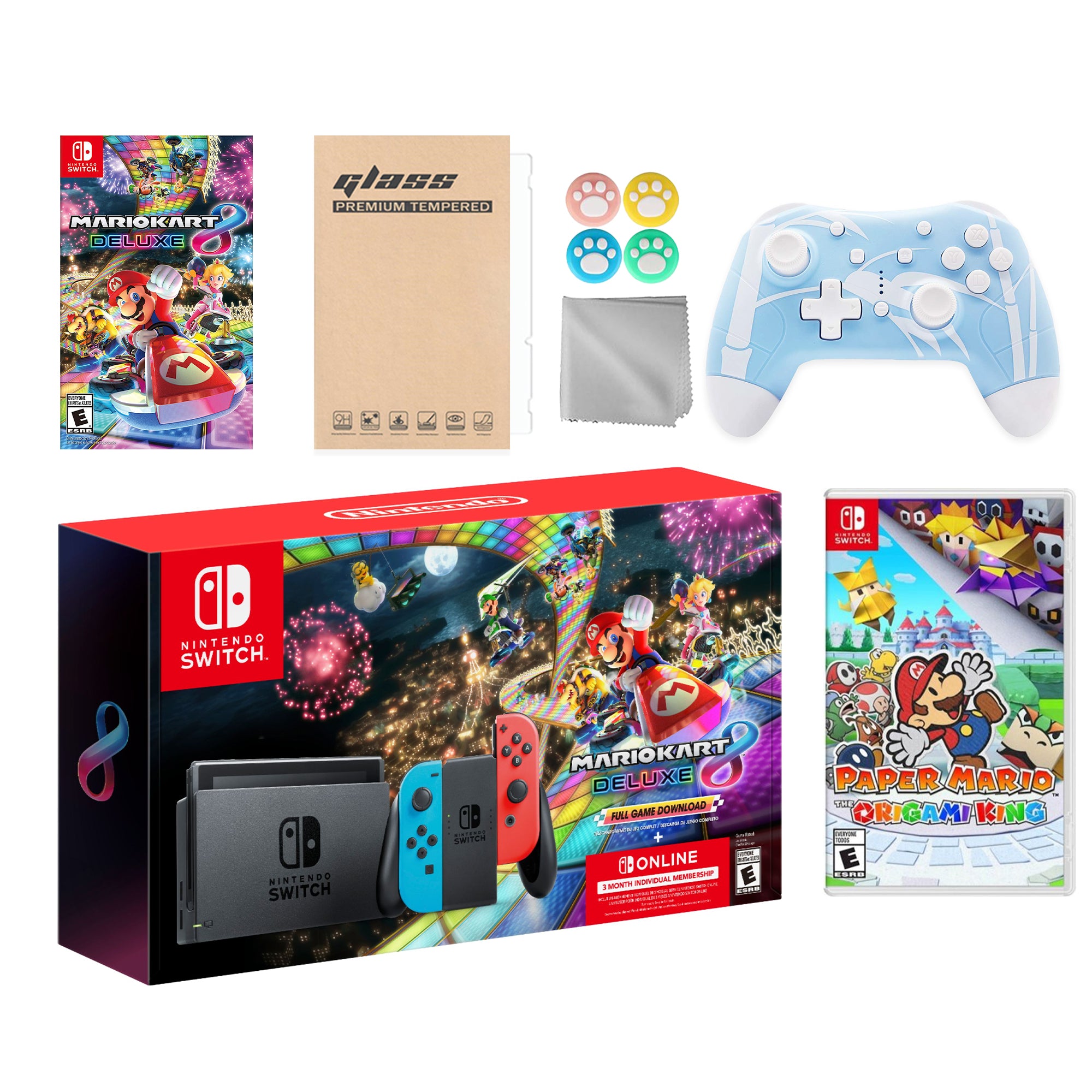 Nintendo Switch Mario Kart 8 Deluxe Bundle: Red Blue Console, Mario Kart 8 & Membership, Paper Mario: The Origami King, Mytrix Wireless Pro Controller Blue Bamboo and Accessories