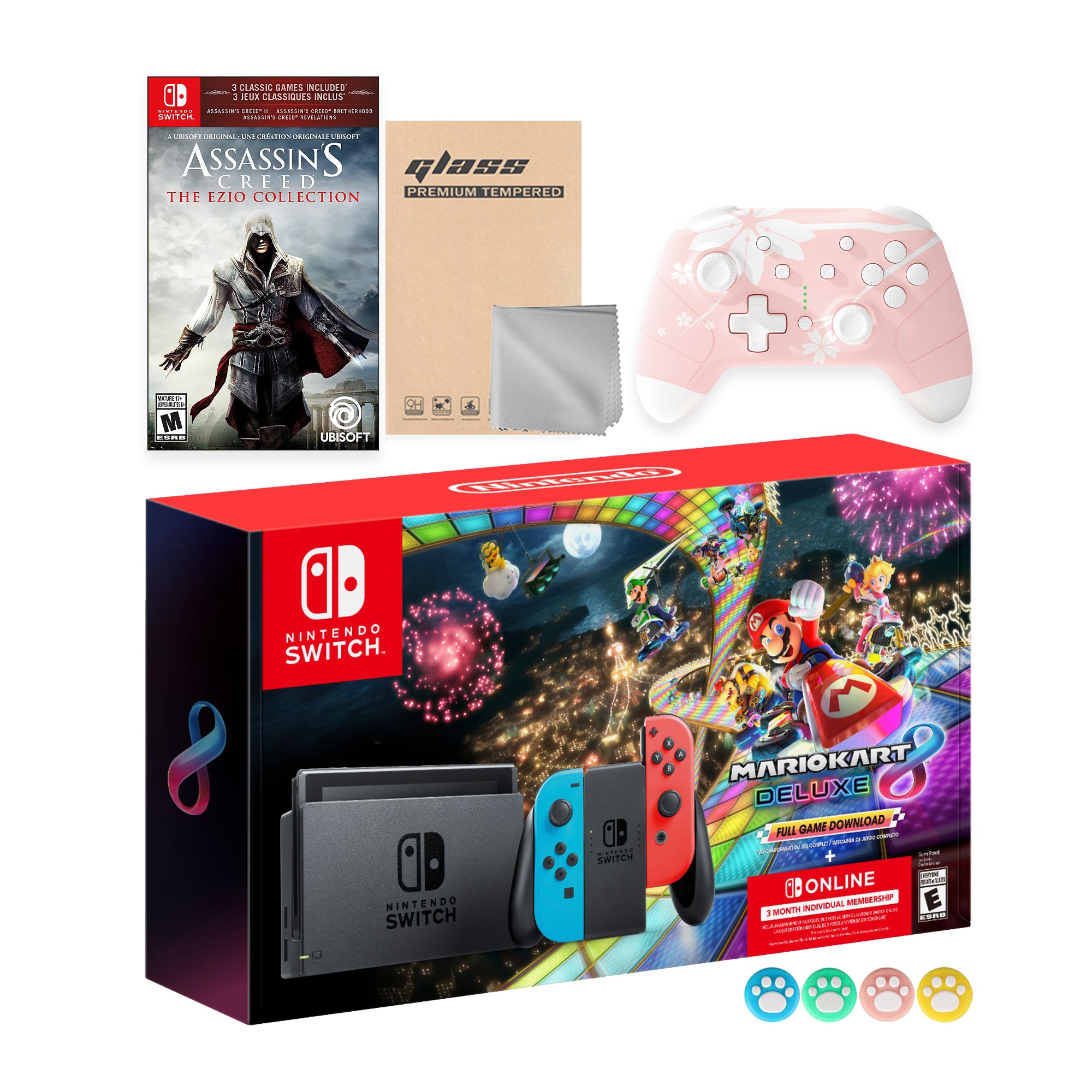 Nintendo Switch Mario Kart 8 Deluxe Bundle: Red Blue Console, Mario Kart 8 & Membership with Assassin's Creed Ezio Collection with Mytrix Wireless Pro Controller Sakura Pink and Accessories