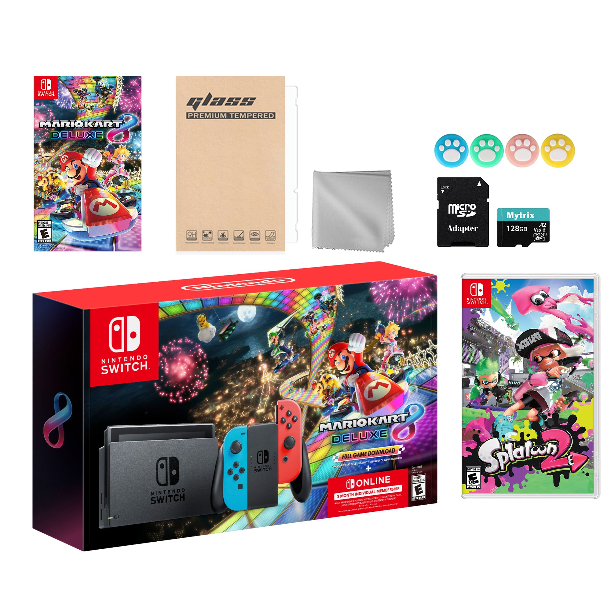 Nintendo Switch Mario Kart 8 Deluxe Bundle: Red Blue Console, Mario Kart 8 & Membership, Splatoon 2, Mytrix 128GB MicroSD Card and Accessories