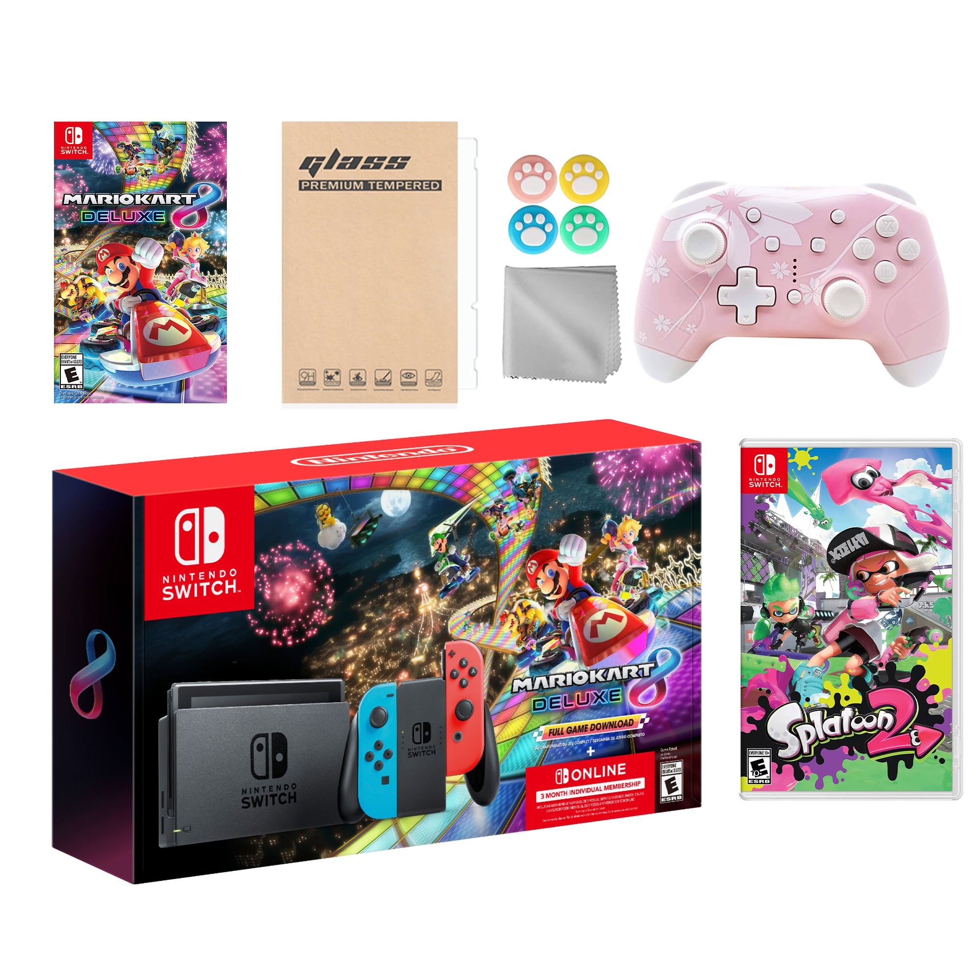 Nintendo Switch Mario Kart 8 Deluxe Bundle: Red Blue Console, Mario Kart 8 & Membership, Splatoon 2, Mytrix Wireless Pro Controller Pink Cherry Blossom and Accessories