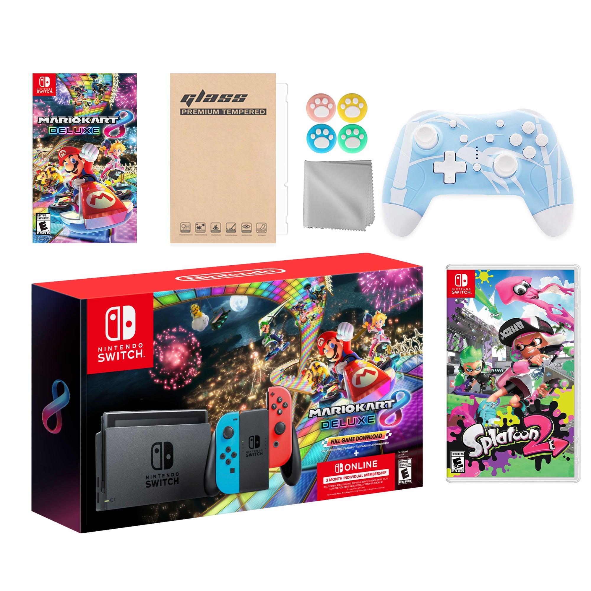 Nintendo Switch Mario Kart 8 Deluxe Bundle: Red Blue Console, Mario Kart 8 & Membership, Splatoon 2, Mytrix Wireless Pro Controller Blue Bamboo and Accessories