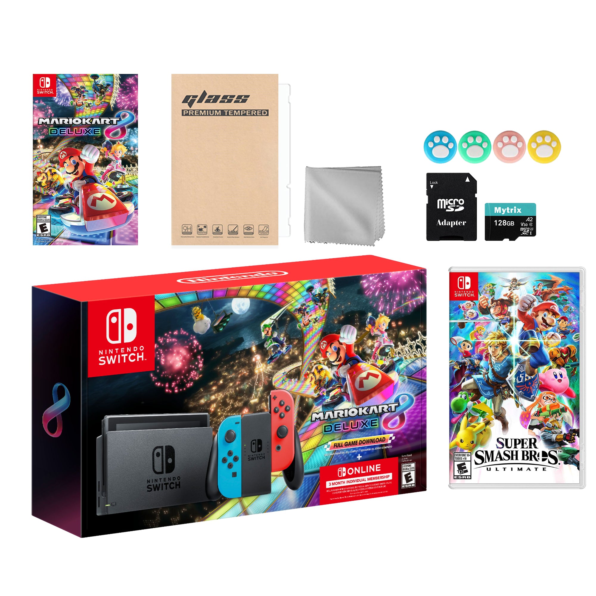 Nintendo Switch Mario Kart 8 Deluxe Bundle: Red Blue Console, Mario Kart 8 & Membership, Super Smash Bros. Ultimate, Mytrix 128GB MicroSD Card and Accessories