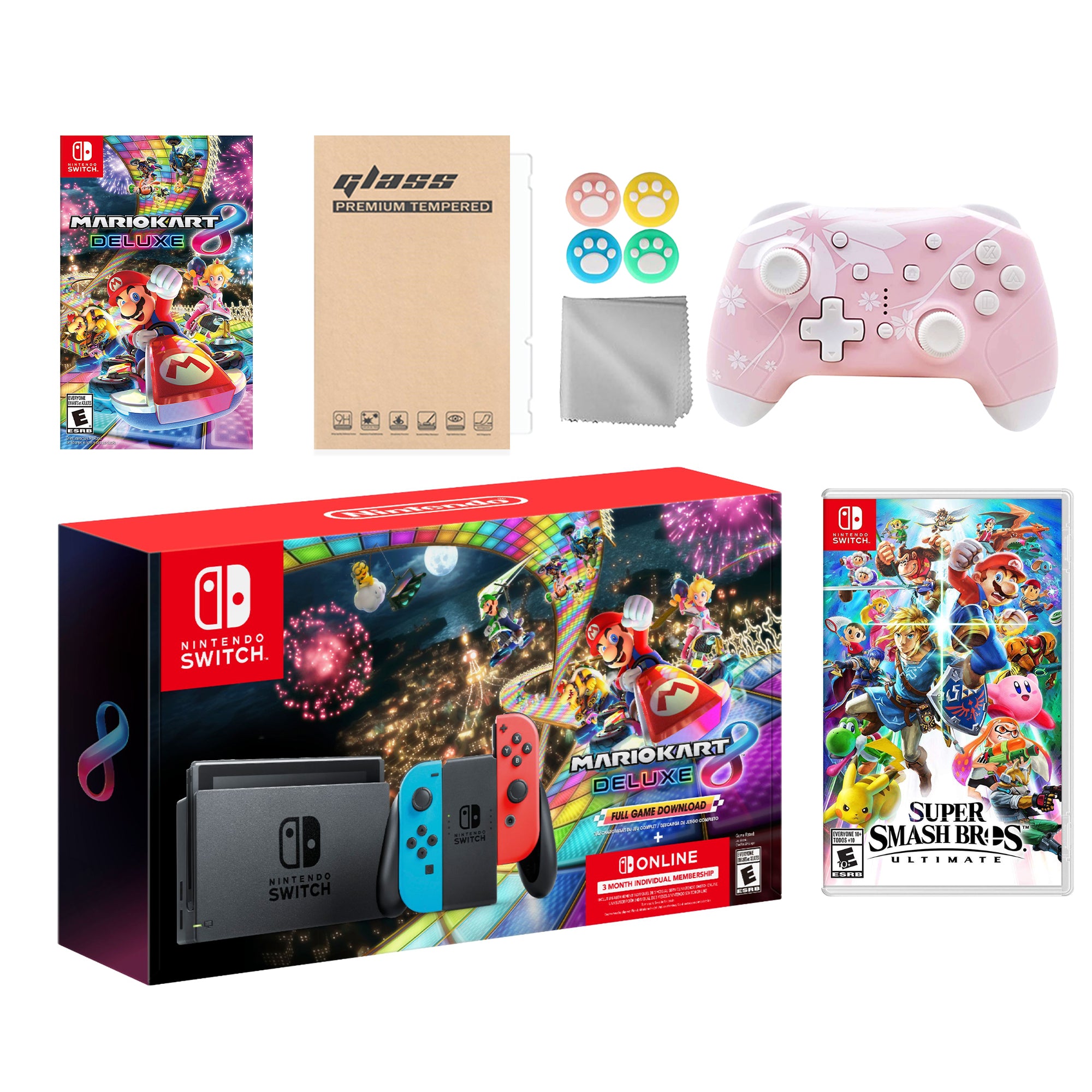 Nintendo Switch Mario Kart 8 Deluxe Bundle: Red Blue Console, Mario Kart 8 & Membership, Super Smash Bros. Ultimate, Mytrix Wireless Pro Controller Pink Cherry Blossom and Accessories