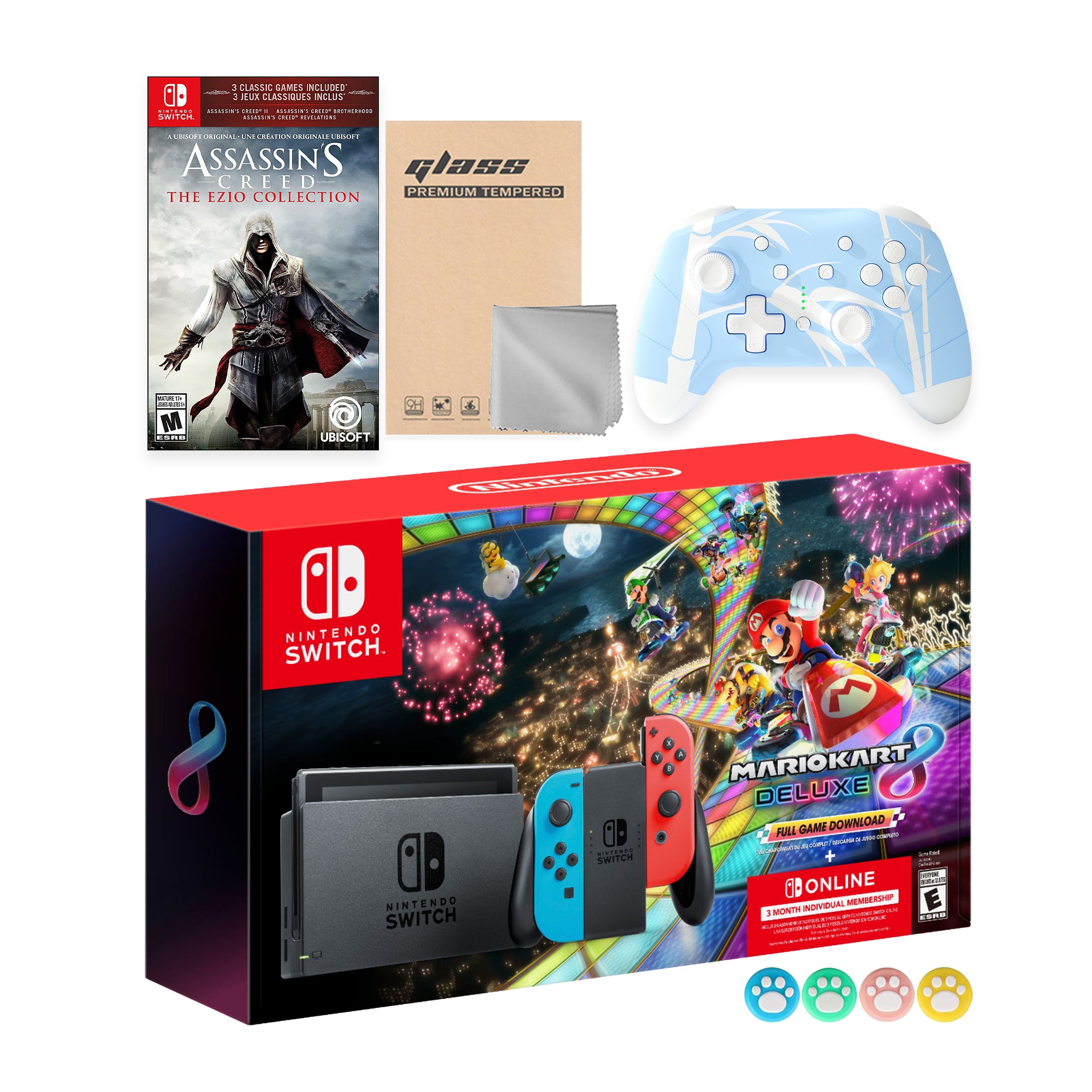 Nintendo Switch Mario Kart 8 Deluxe Bundle: Red Blue Console, Mario Kart 8 & Membership with Assassin's Creed Ezio Collection with Mytrix Wireless Pro Controller Blue Bamboo and Accessories